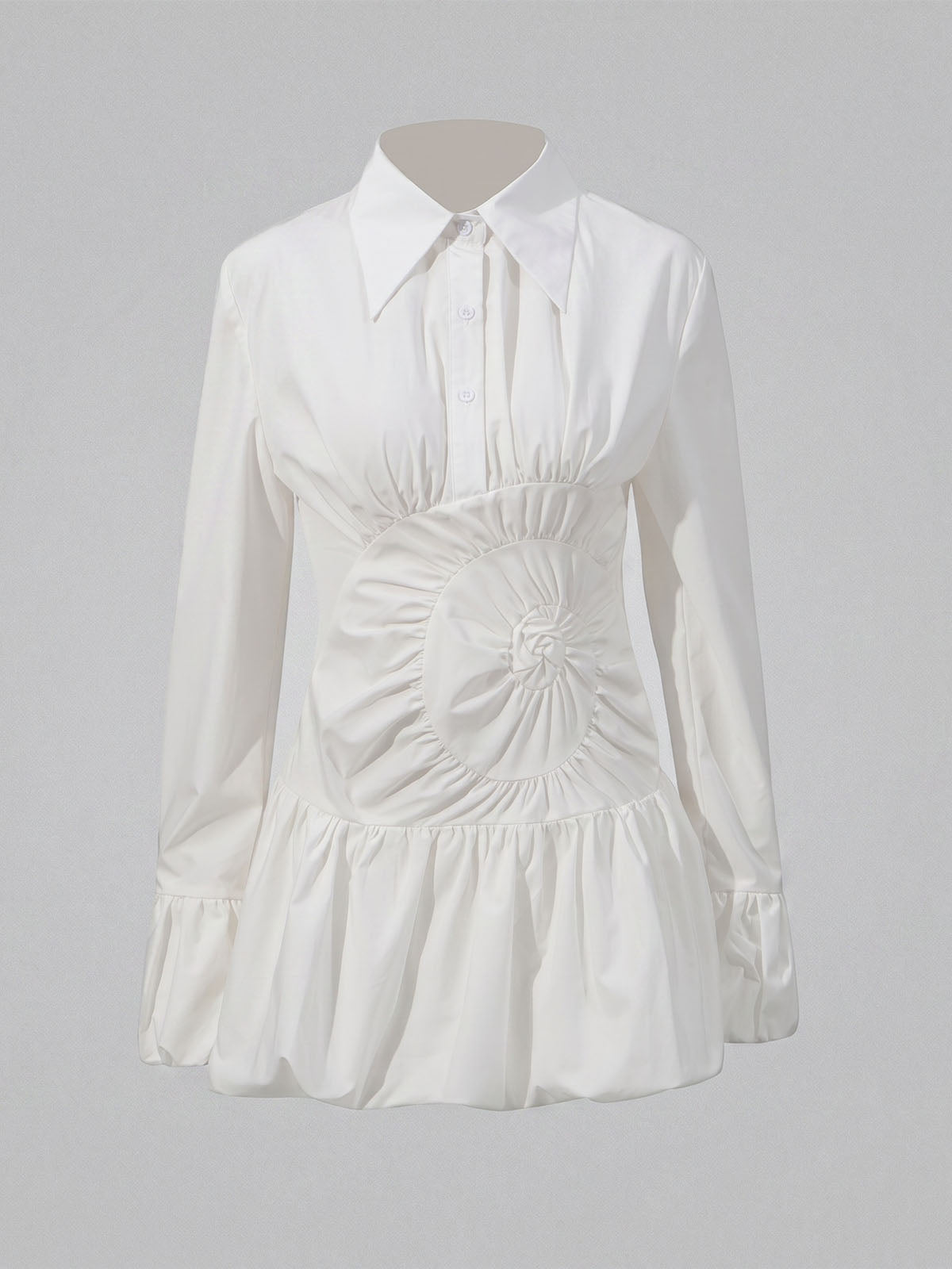 Unique Collared Long Sleeve Ruched Bubble Shirt Mini Dress - White