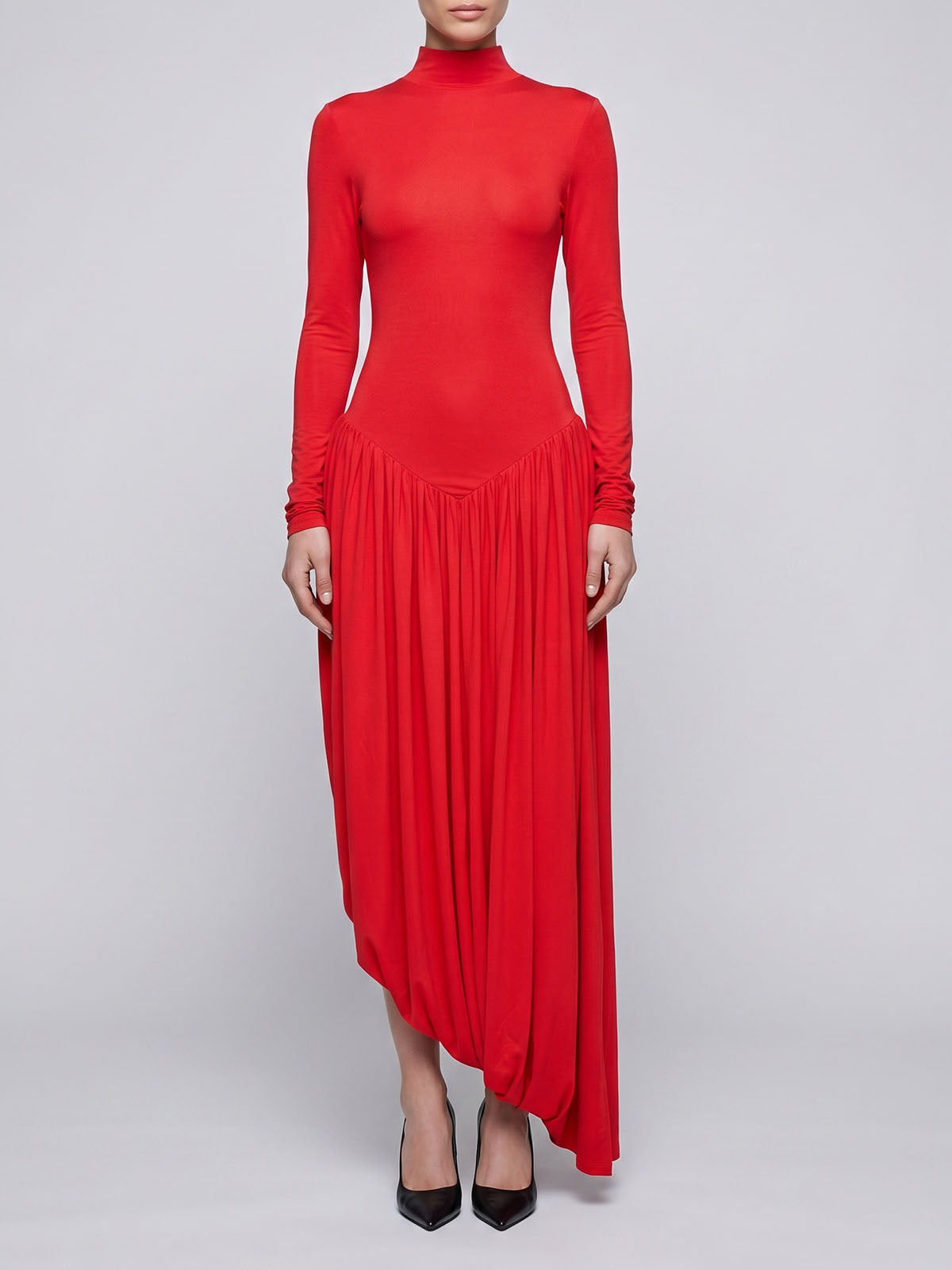 Unique Cutout Back High Neck Drop Waist Long Sleeve Maxi Dress - Red