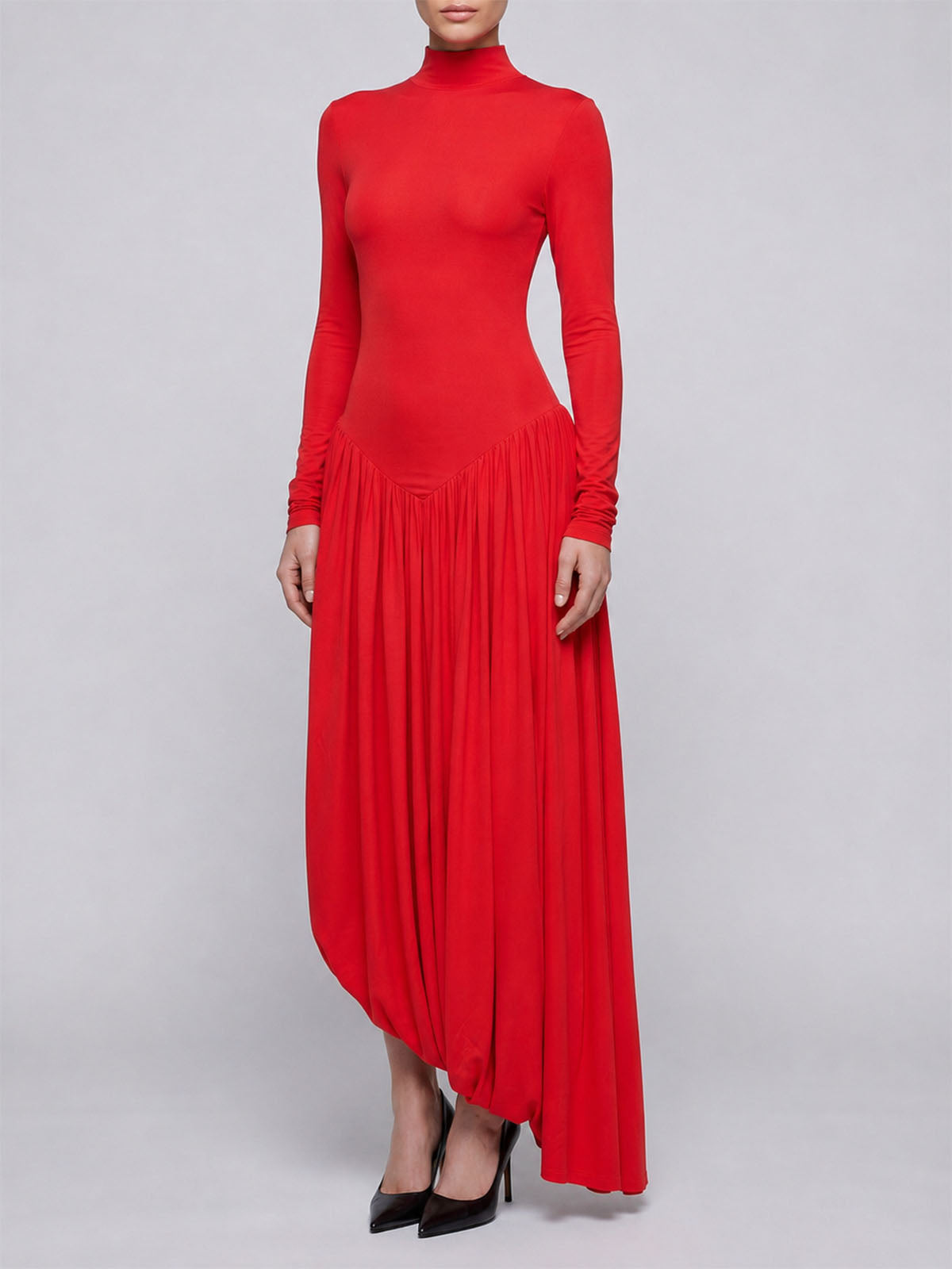 Unique Cutout Back High Neck Drop Waist Long Sleeve Maxi Dress - Red