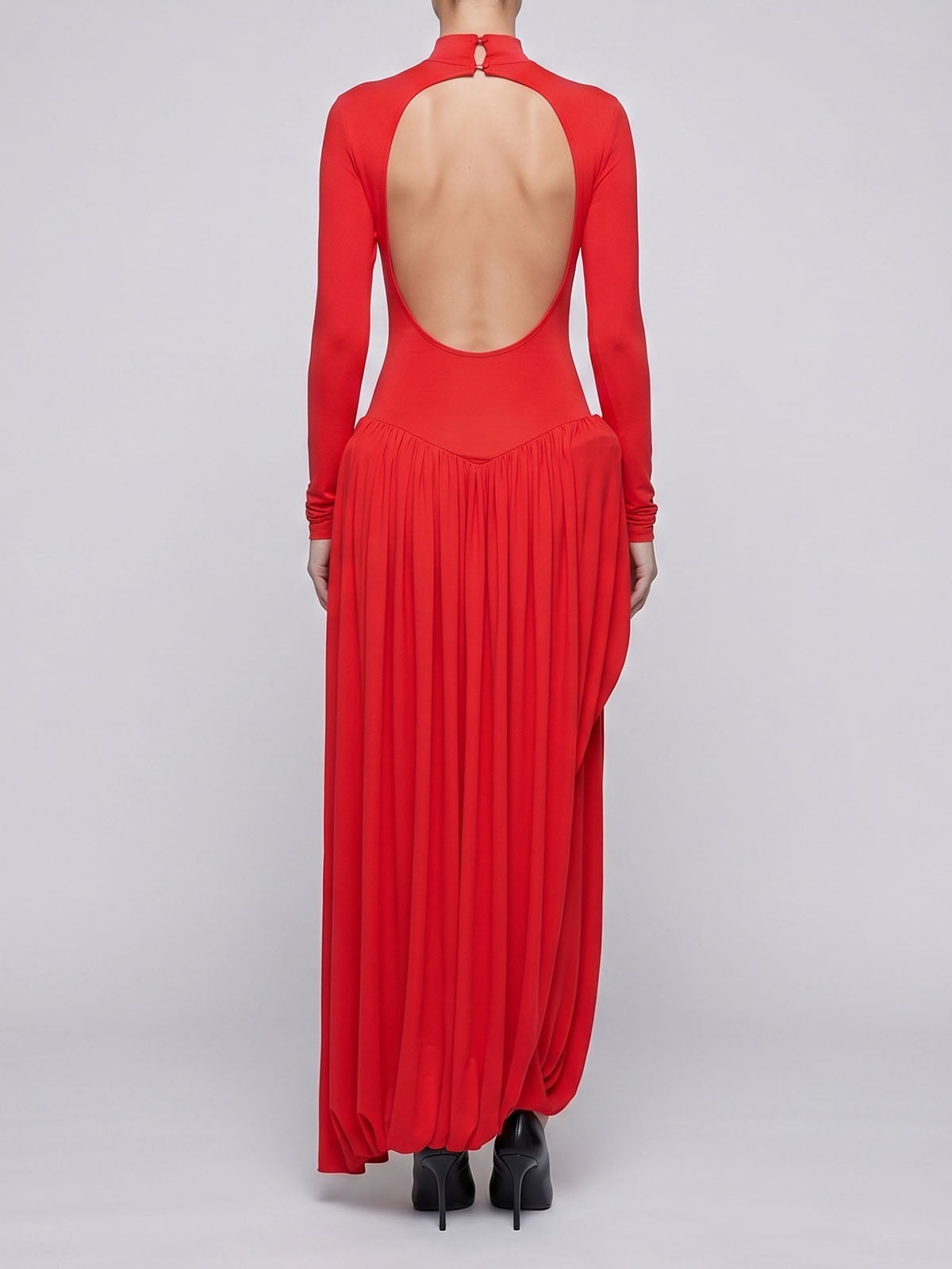 Unique Cutout Back High Neck Drop Waist Long Sleeve Maxi Dress - Red