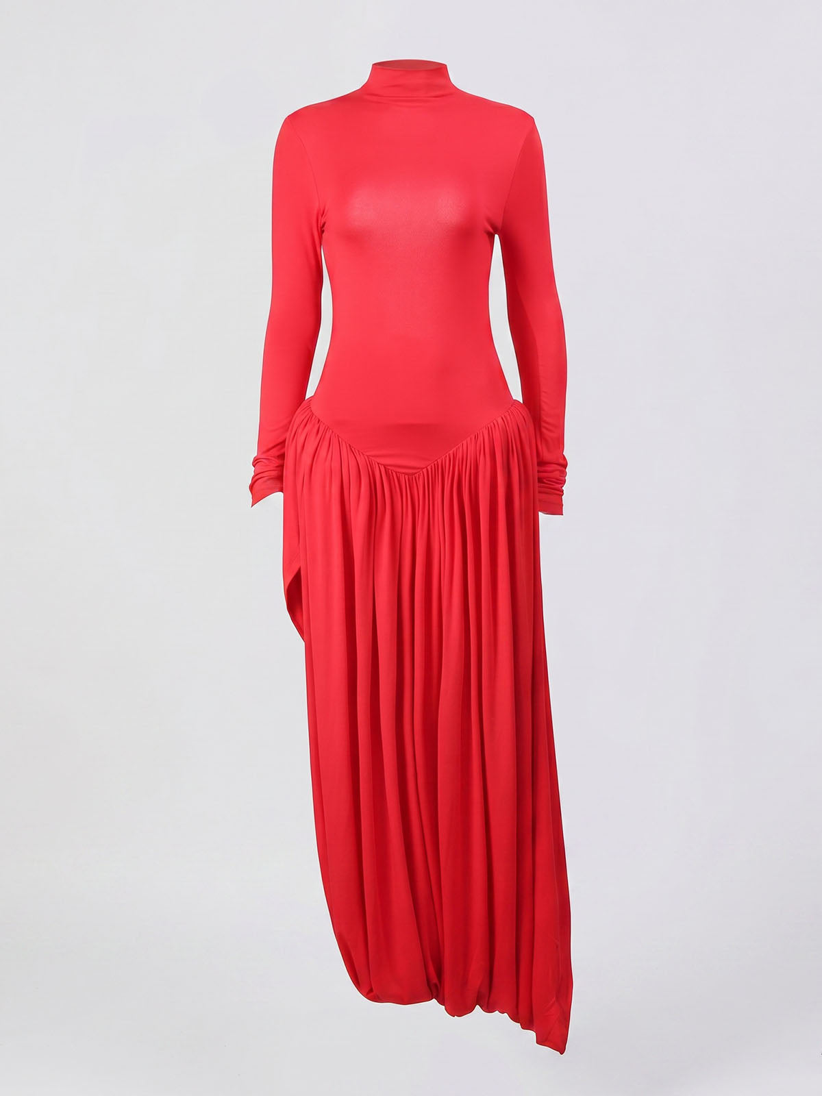 Unique Cutout Back High Neck Drop Waist Long Sleeve Maxi Dress - Red