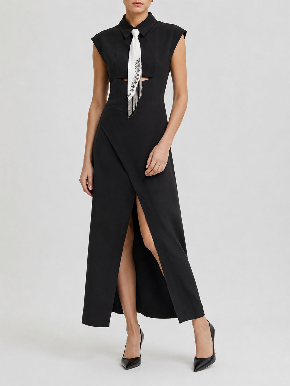 Unique Fringe Necktie Collared Semi Formal Cocktail Maxi Dress - Black