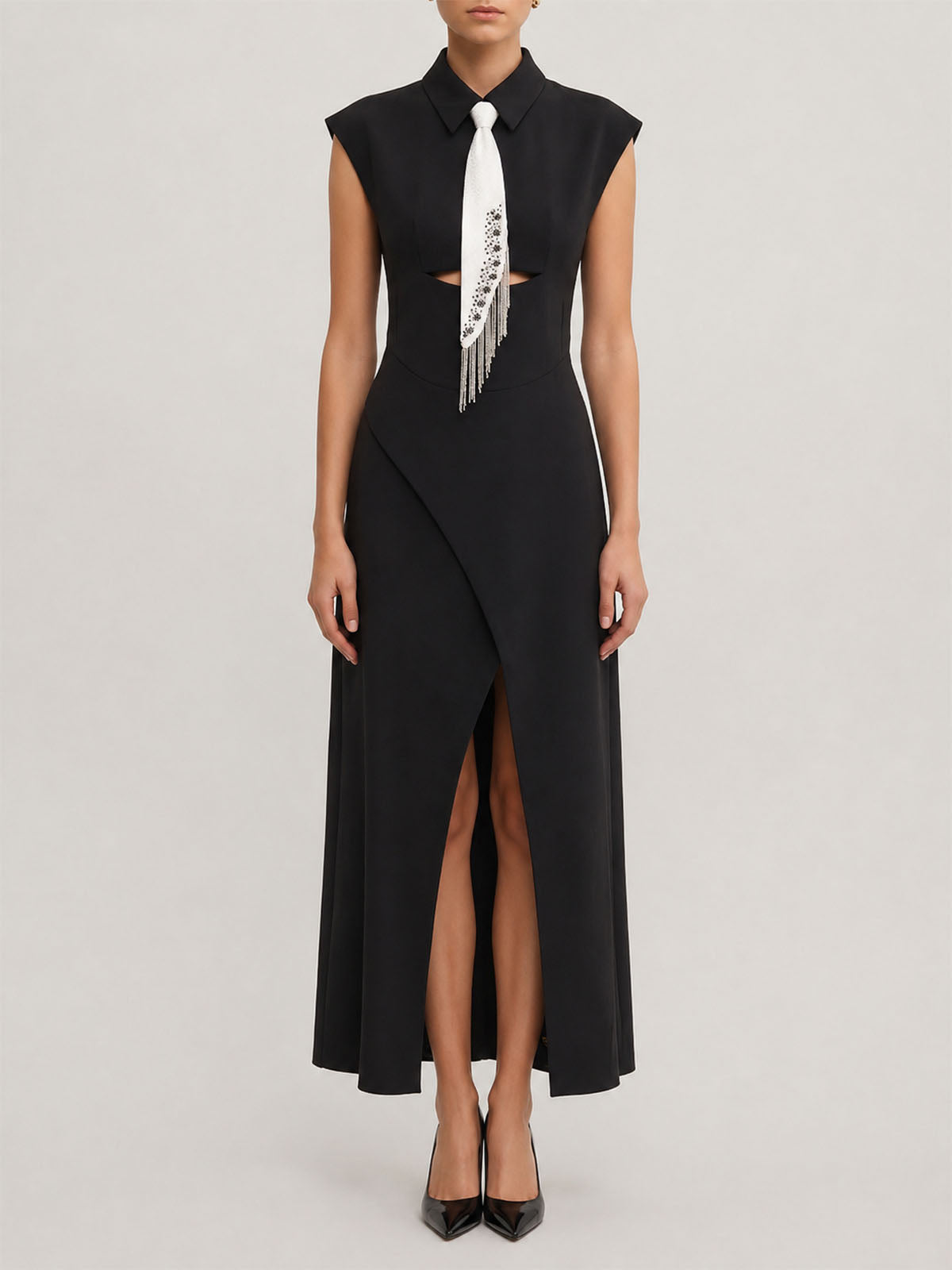 Unique Fringe Necktie Collared Semi Formal Cocktail Maxi Dress - Black
