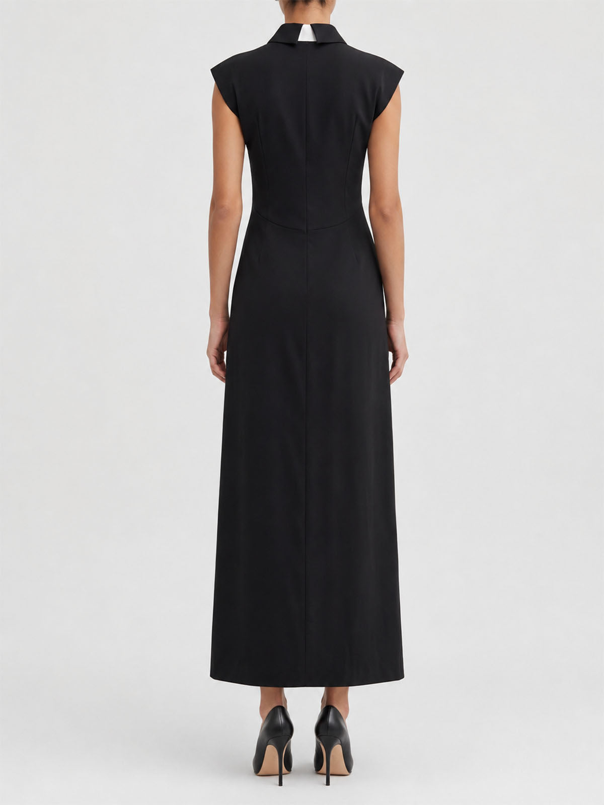 Unique Fringe Necktie Collared Semi Formal Cocktail Maxi Dress - Black