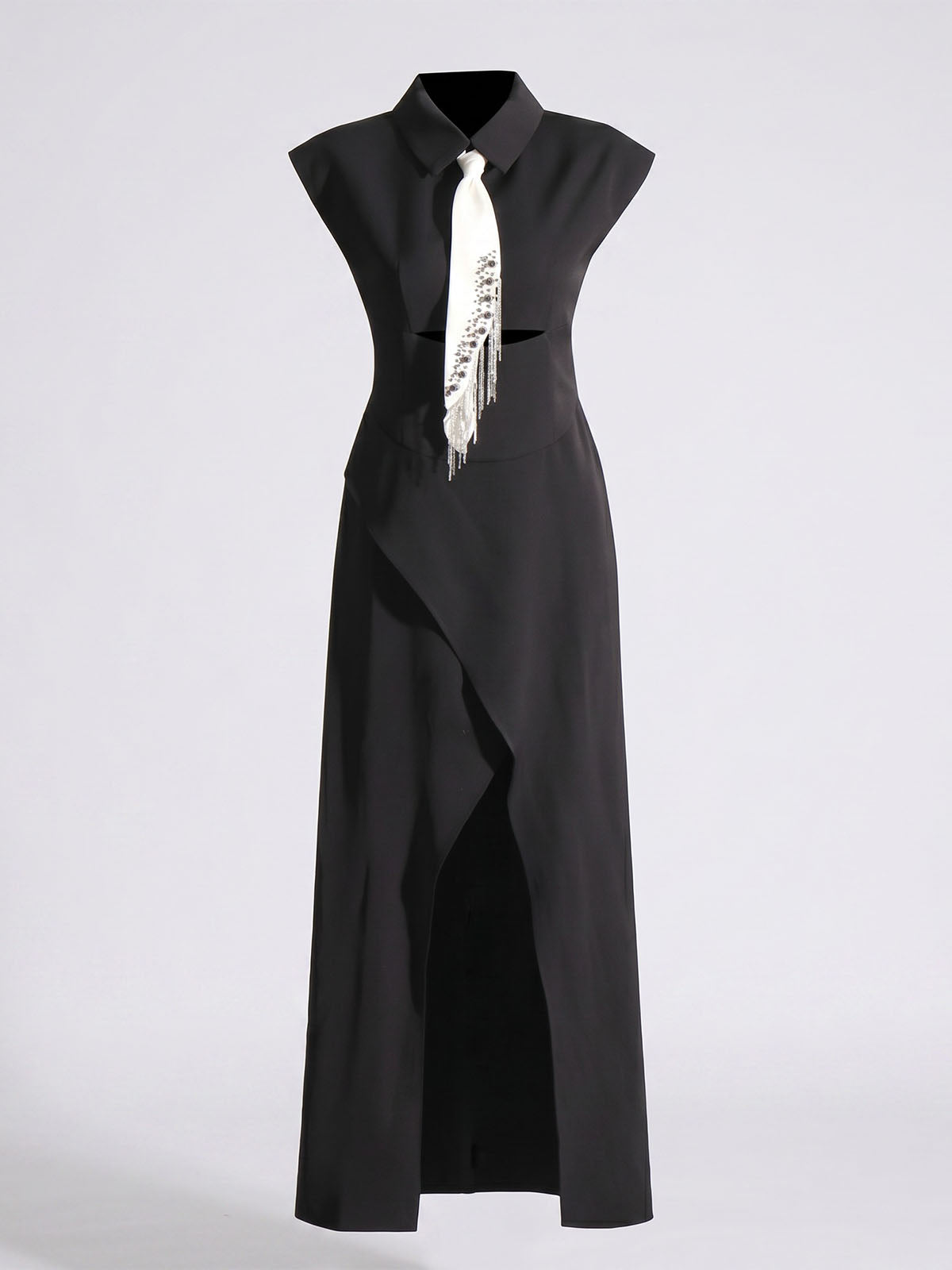 Unique Fringe Necktie Collared Semi Formal Cocktail Maxi Dress - Black