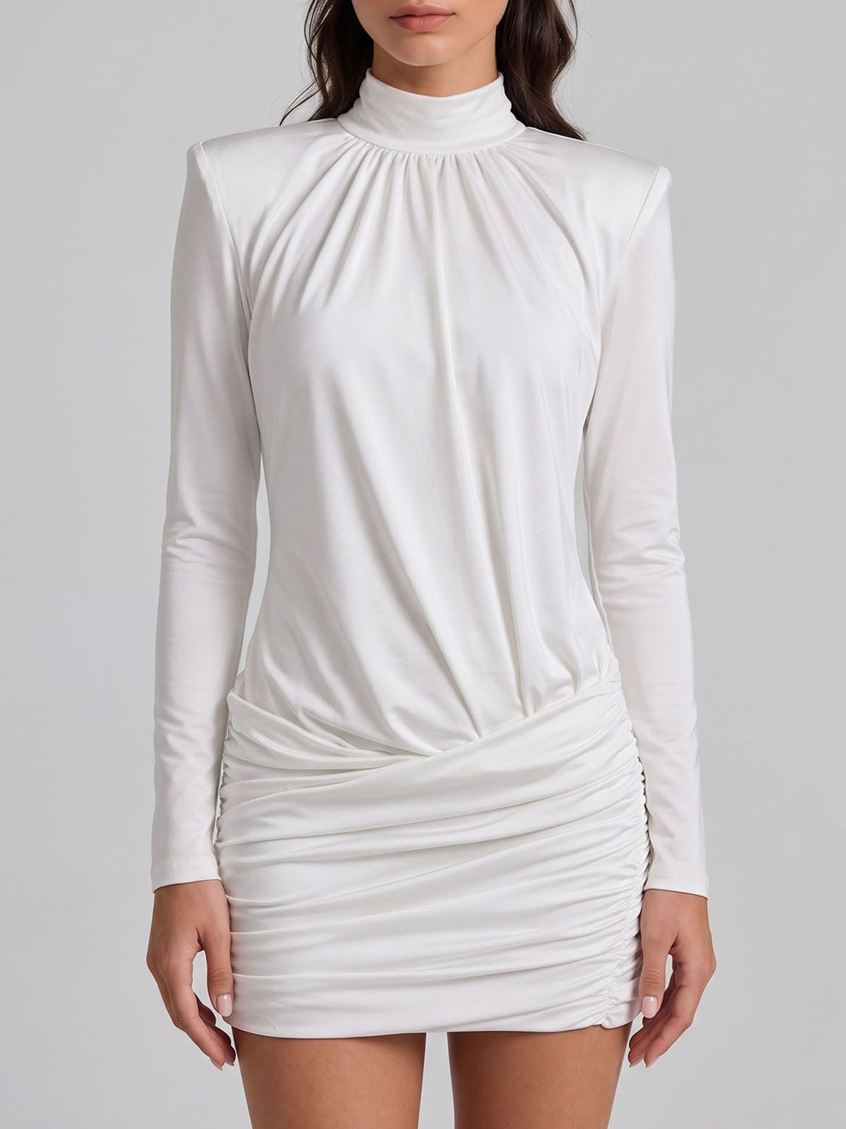 Unique High Neck Long Sleeve Draped Ruched Party Mini Dress - White