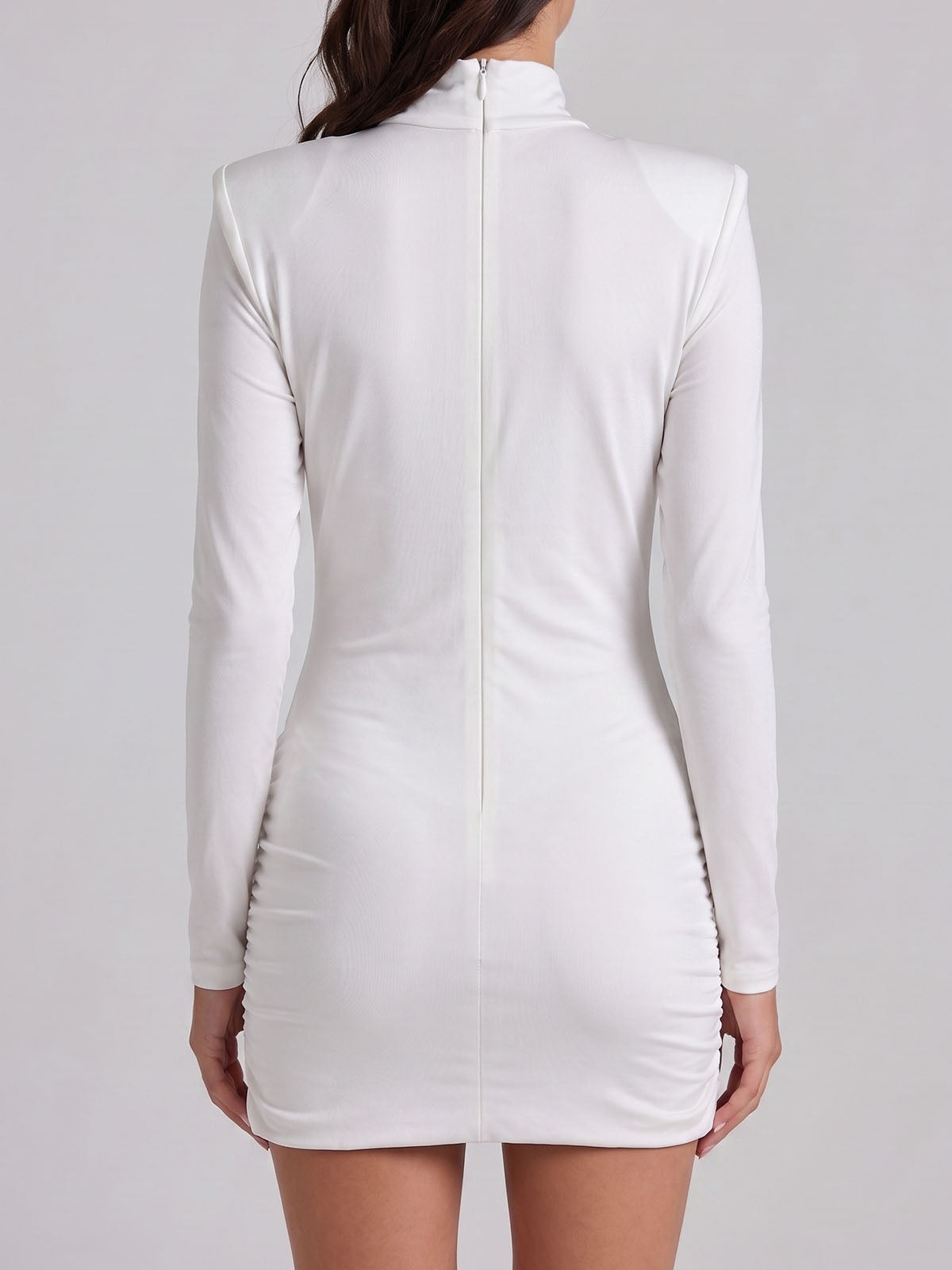 Unique High Neck Long Sleeve Draped Ruched Party Mini Dress - White