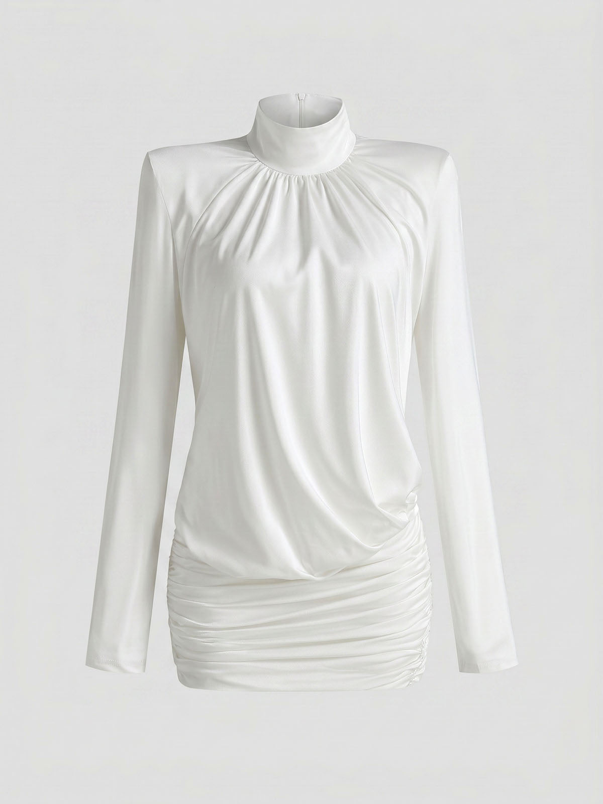 Unique High Neck Long Sleeve Draped Ruched Party Mini Dress - White