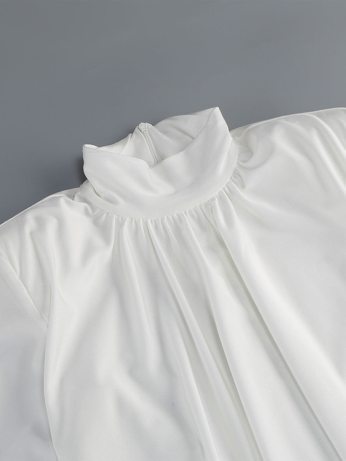 Unique High Neck Long Sleeve Draped Ruched Party Mini Dress - White
