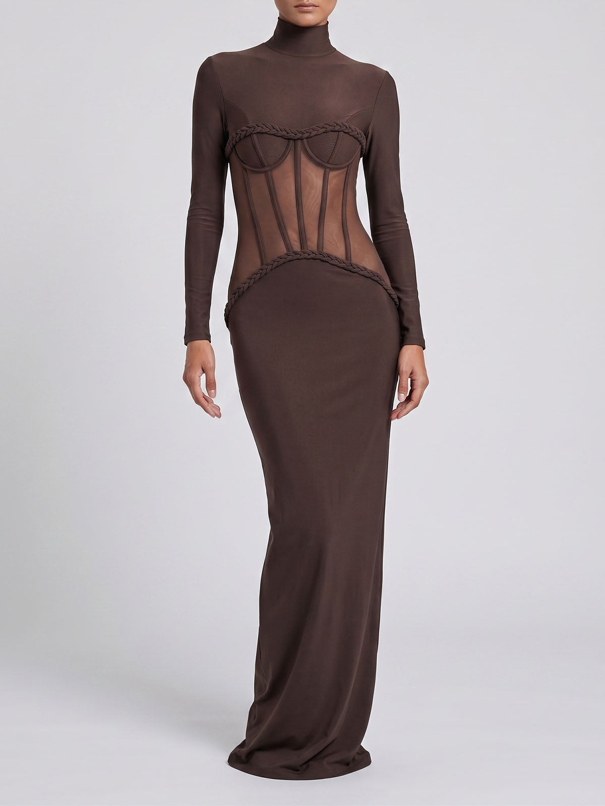 Unique High Neck Mesh Panel Long Sleeve Formal Maxi Dress - Coffee