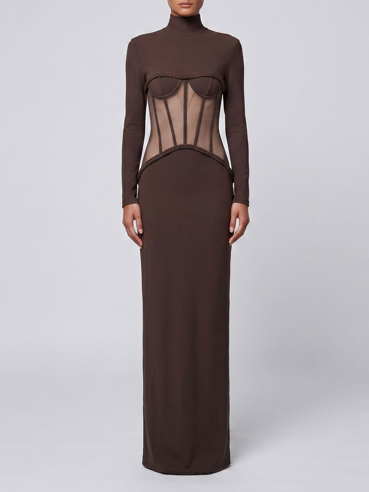 Unique High Neck Mesh Panel Long Sleeve Formal Maxi Dress - Coffee