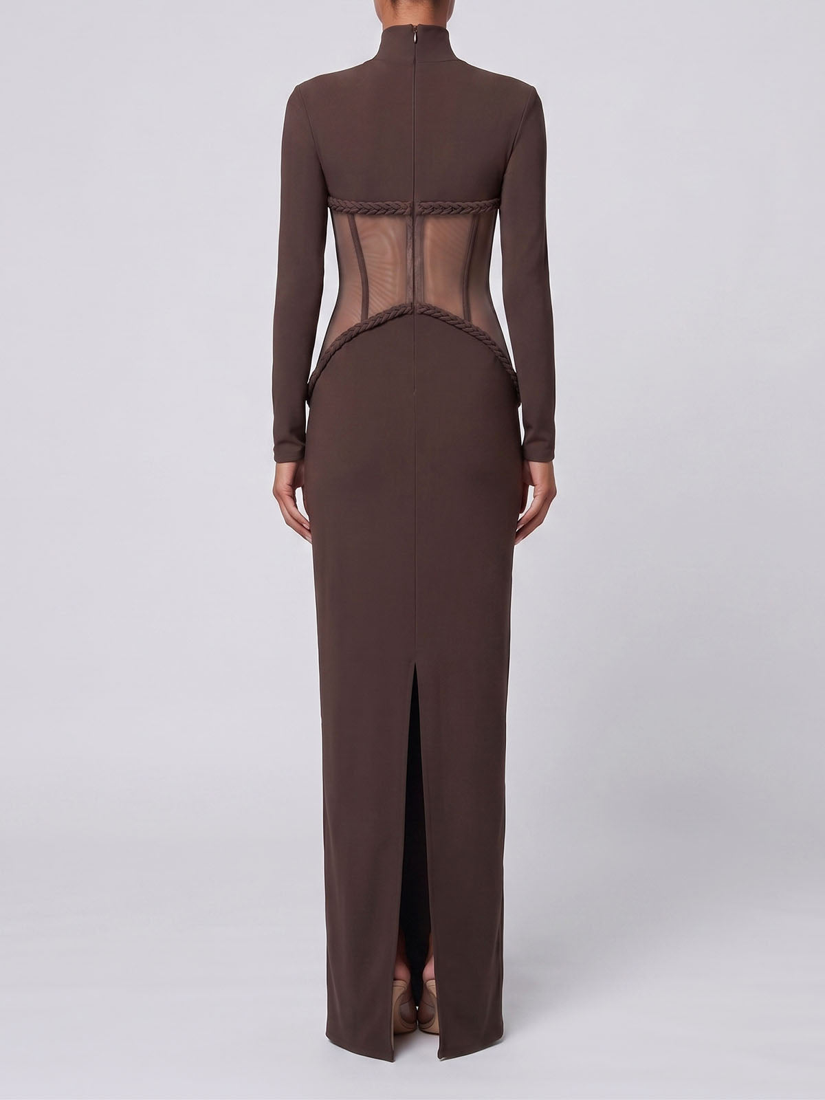 Unique High Neck Mesh Panel Long Sleeve Formal Maxi Dress - Coffee