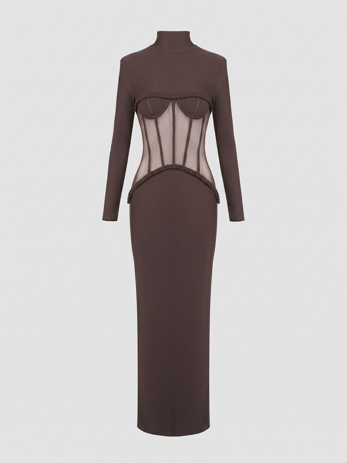 Unique High Neck Mesh Panel Long Sleeve Formal Maxi Dress - Coffee