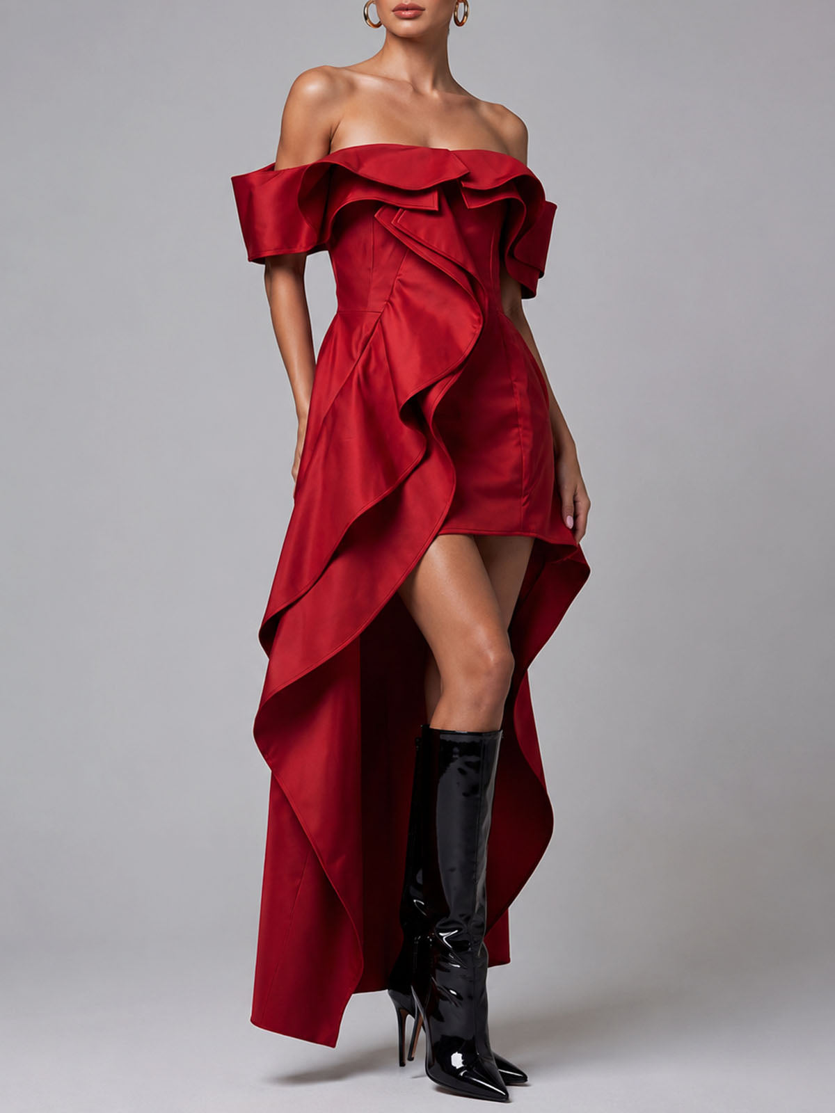 Unique Off Shoulder Asymmetrical Ruffle High Low Cocktail Dress - Red