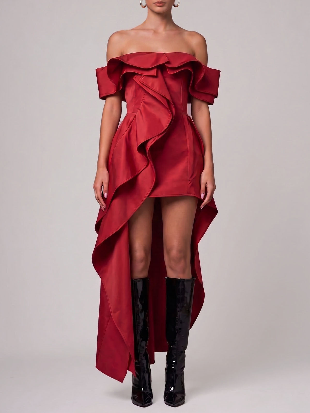 Unique Off Shoulder Asymmetrical Ruffle High Low Cocktail Dress - Red