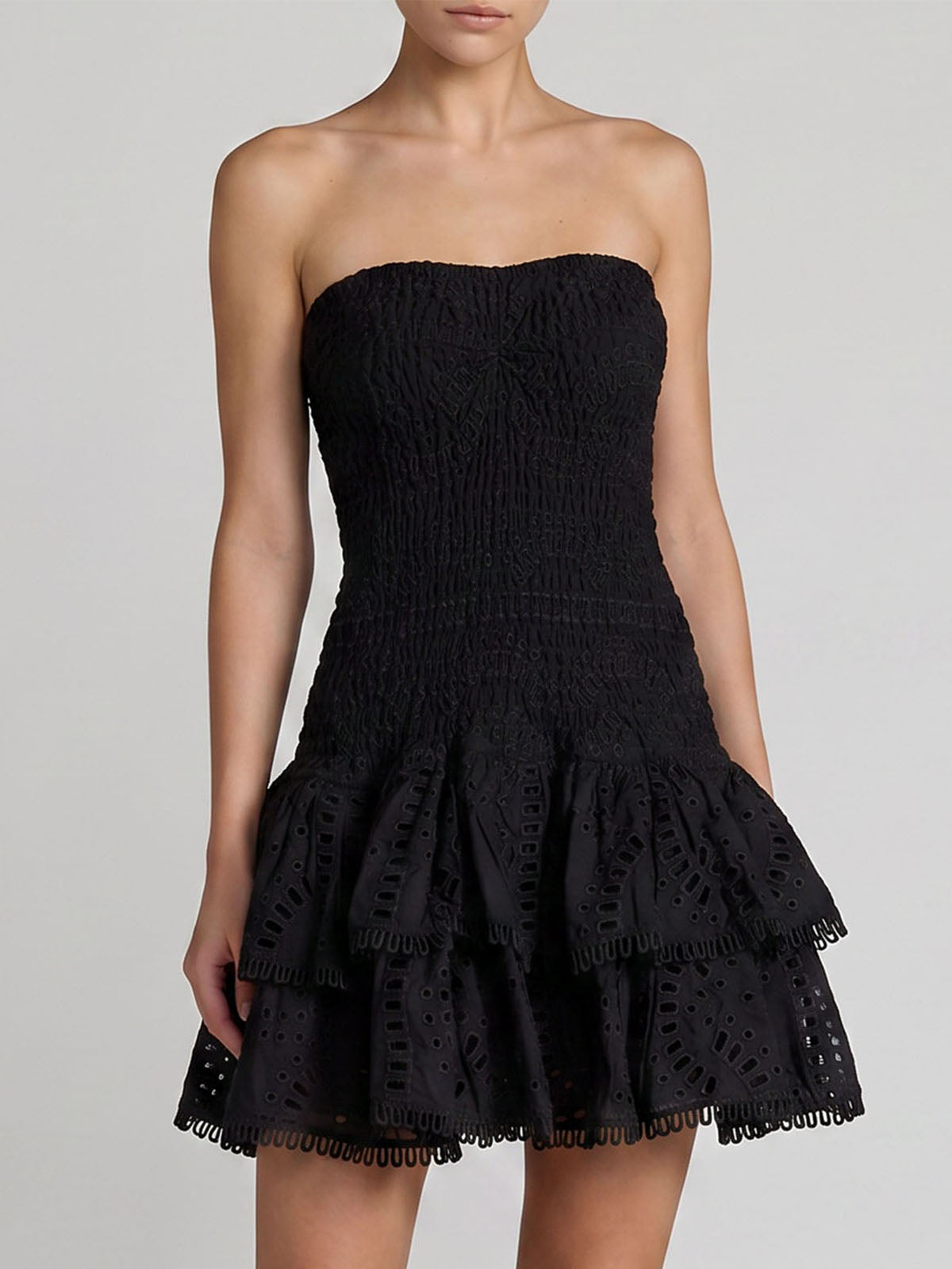 Flowy Eyelet Embroidered Strapless Tiered Smocked Mini Dress - Black