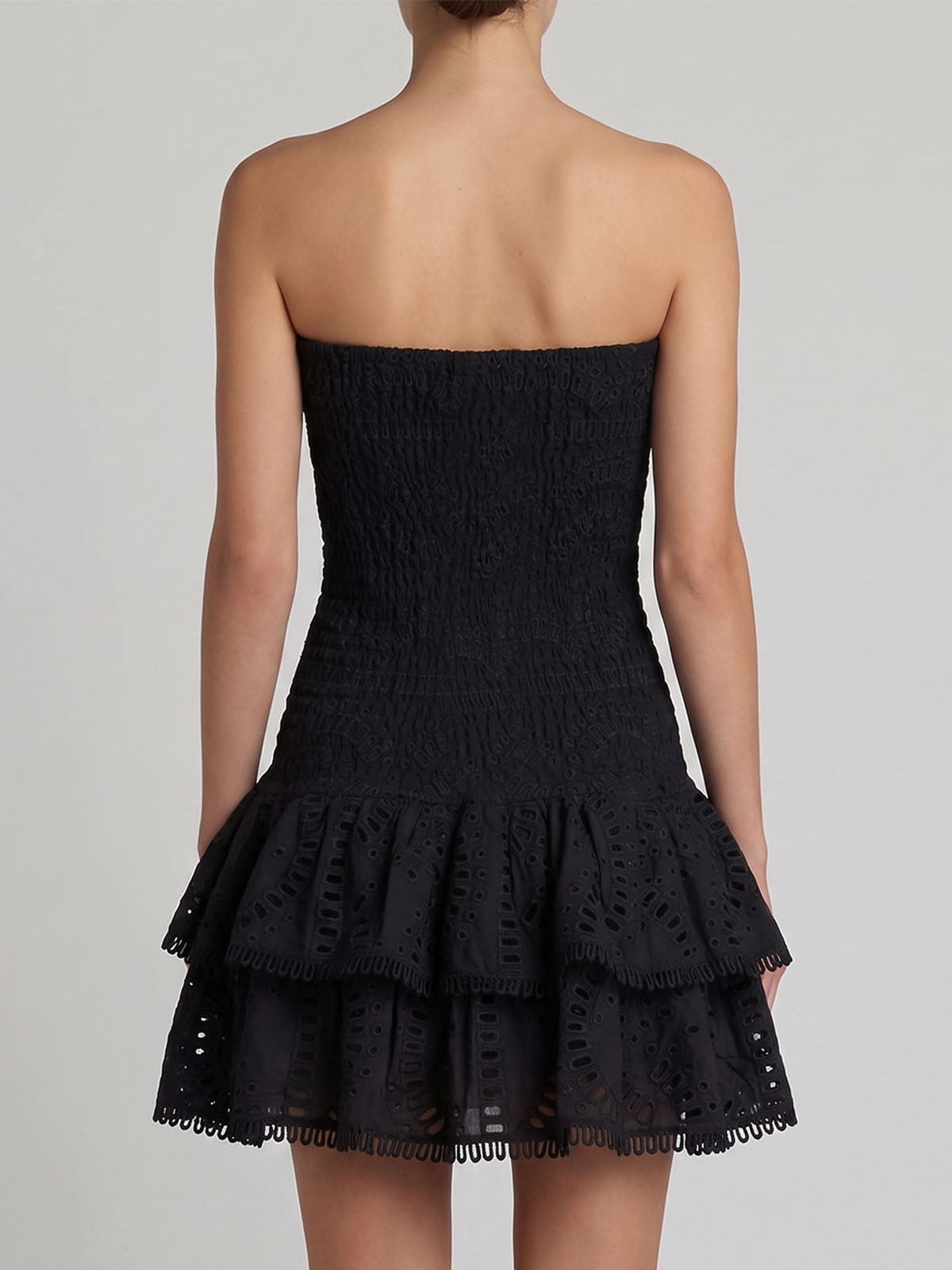 Flowy Eyelet Embroidered Strapless Tiered Smocked Mini Dress - Black