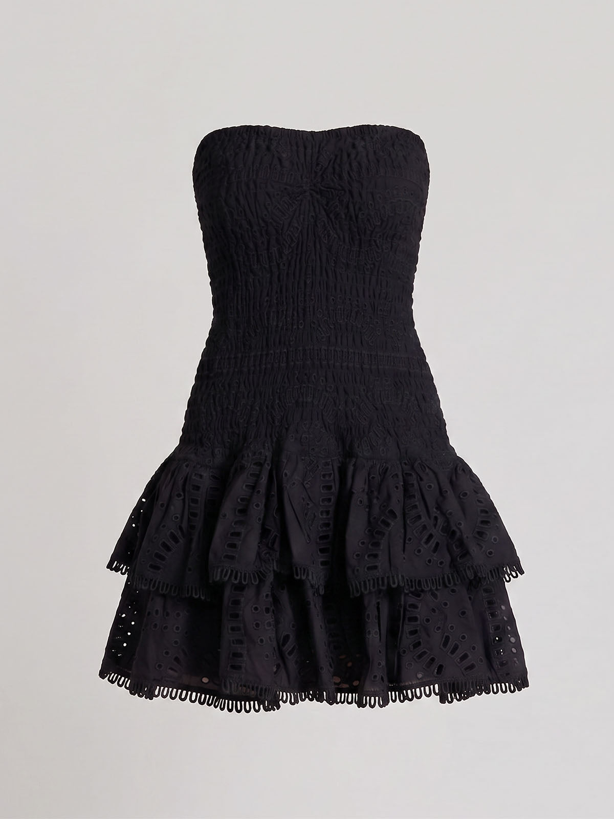 Flowy Eyelet Embroidered Strapless Tiered Smocked Mini Dress - Black