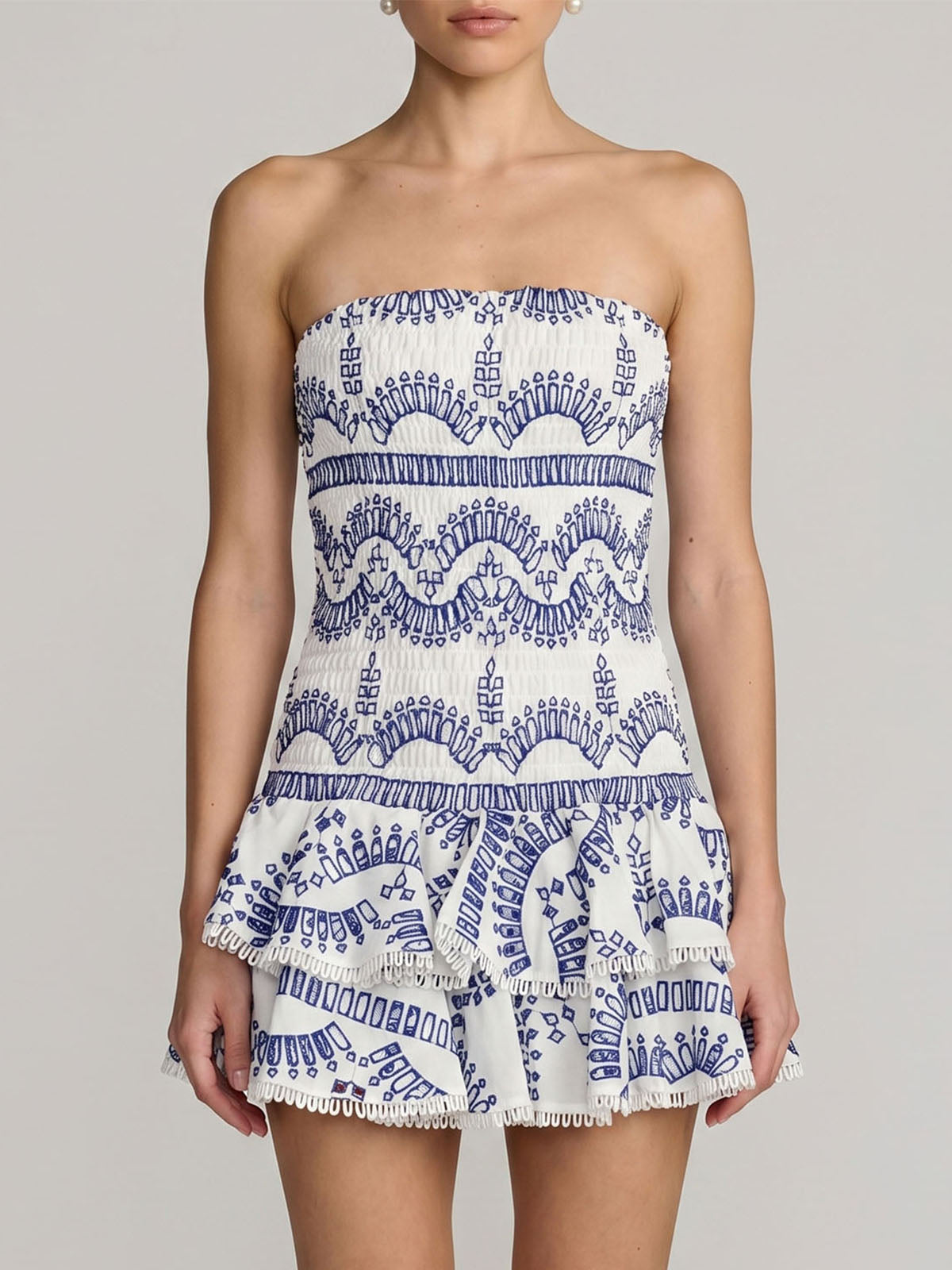 Flowy Eyelet Embroidered Strapless Tiered Smocked Mini Dress - Blue
