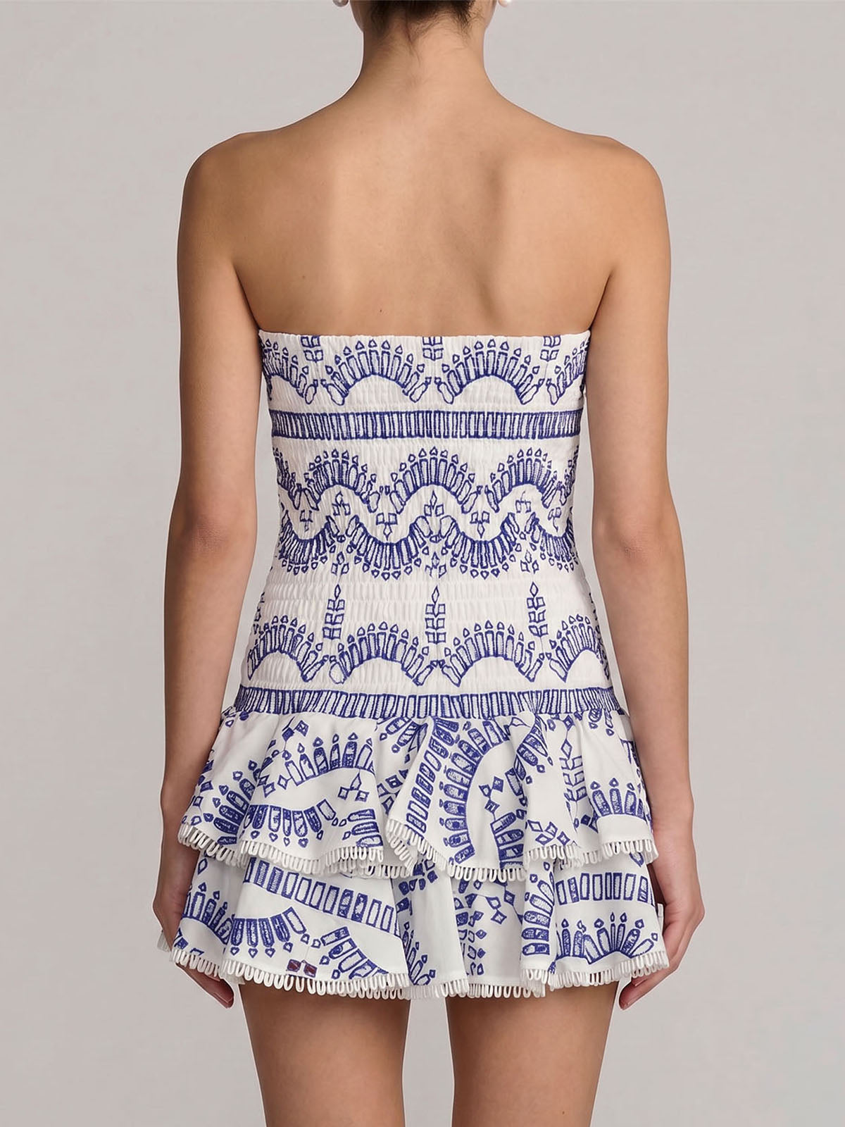 Flowy Eyelet Embroidered Strapless Tiered Smocked Mini Dress - Blue