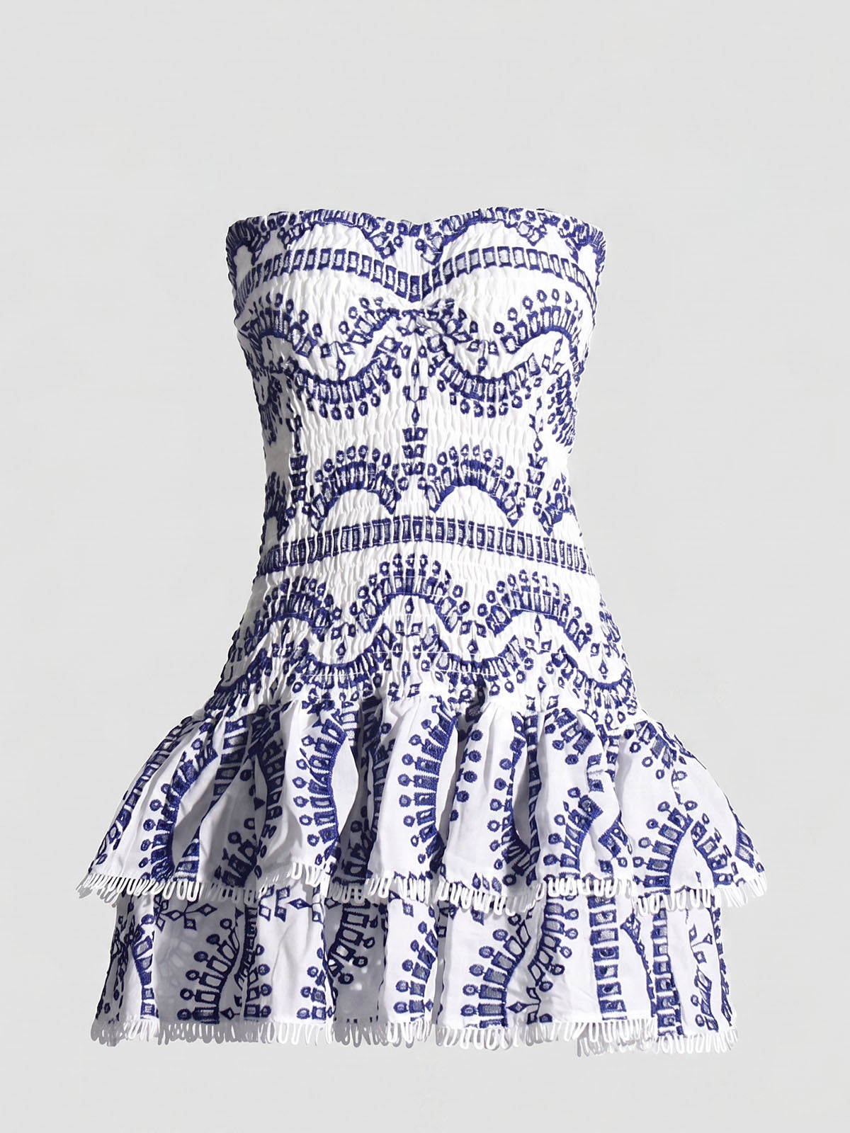 Flowy Eyelet Embroidered Strapless Tiered Smocked Mini Dress - Blue