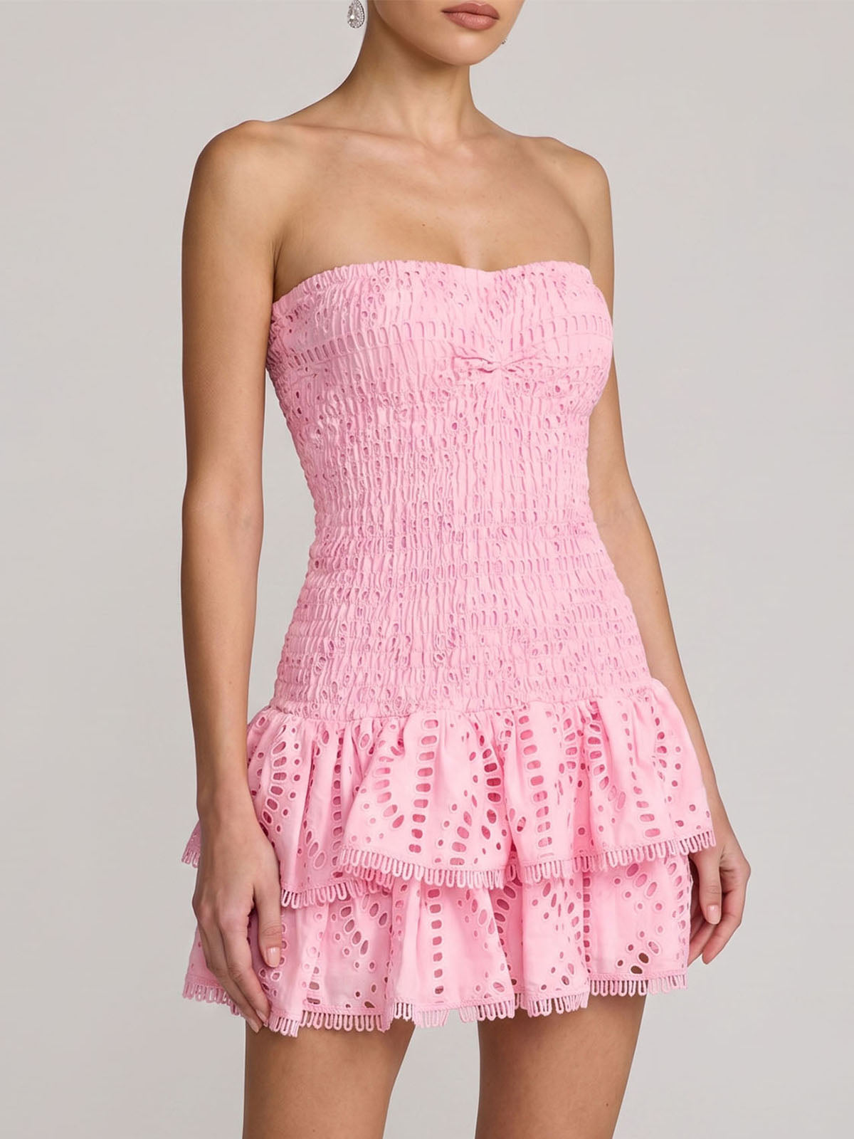 Flowy Eyelet Embroidered Strapless Tiered Smocked Mini Dress - Pink