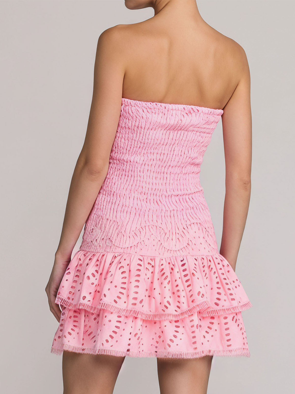 Flowy Eyelet Embroidered Strapless Tiered Smocked Mini Dress - Pink