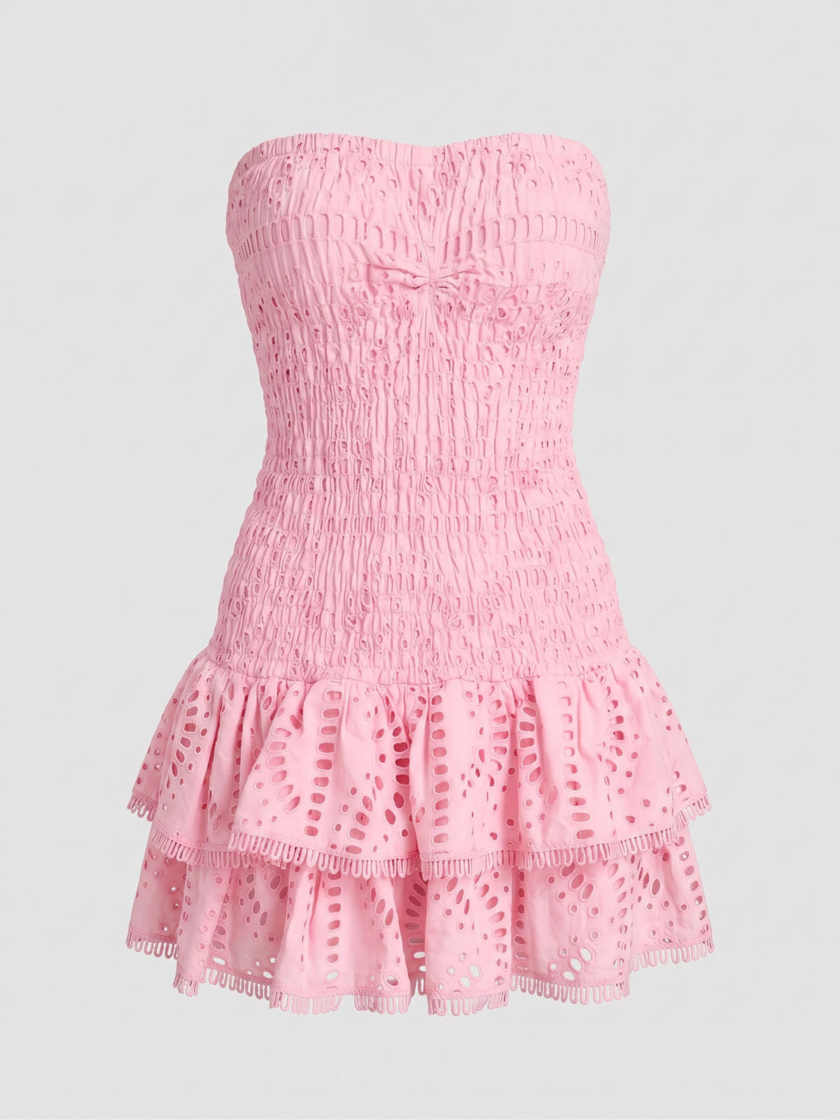 Flowy Eyelet Embroidered Strapless Tiered Smocked Mini Dress - Pink