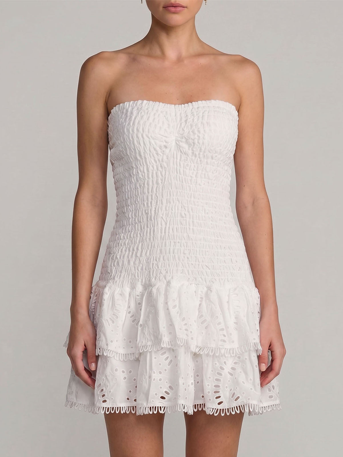 Flowy Eyelet Embroidered Strapless Tiered Smocked Mini Dress - White