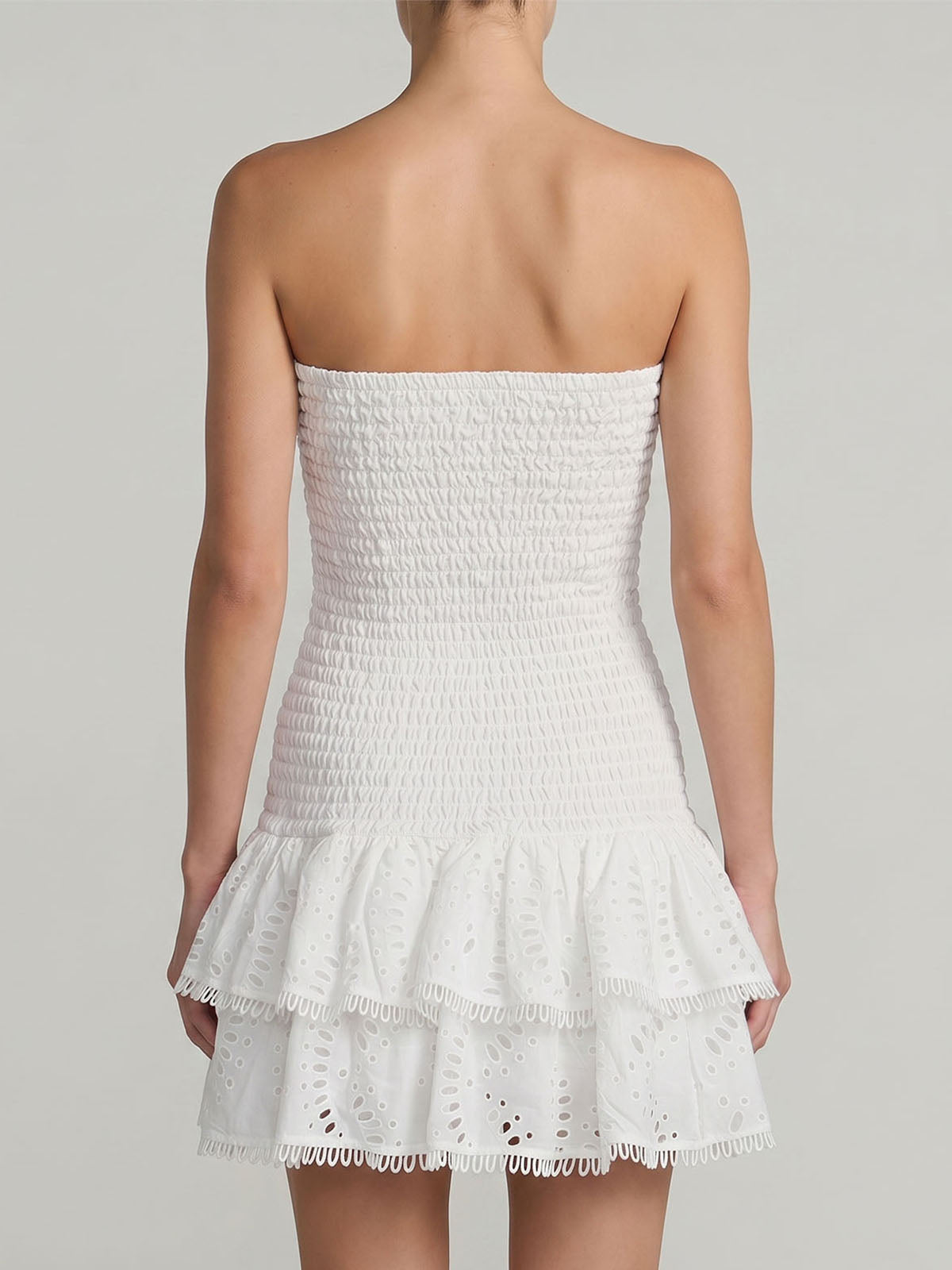 Flowy Eyelet Embroidered Strapless Tiered Smocked Mini Dress - White