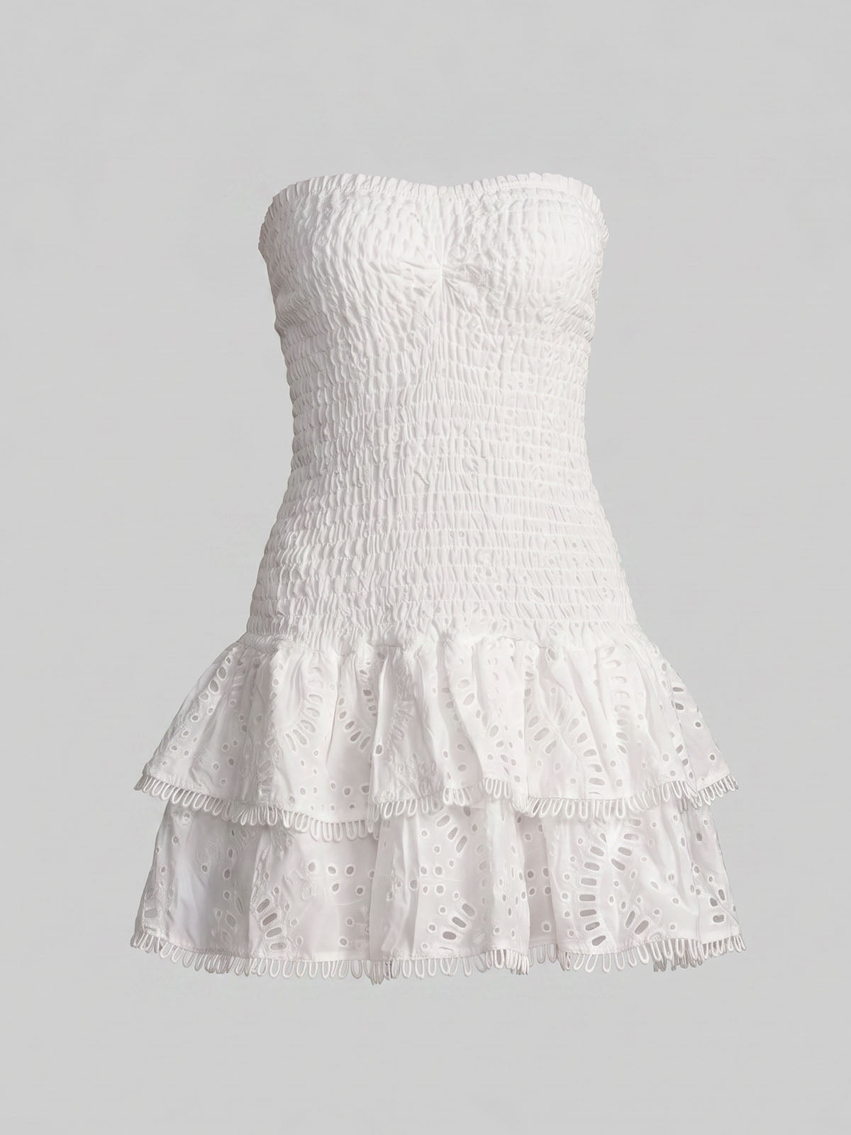 Flowy Eyelet Embroidered Strapless Tiered Smocked Mini Dress - White