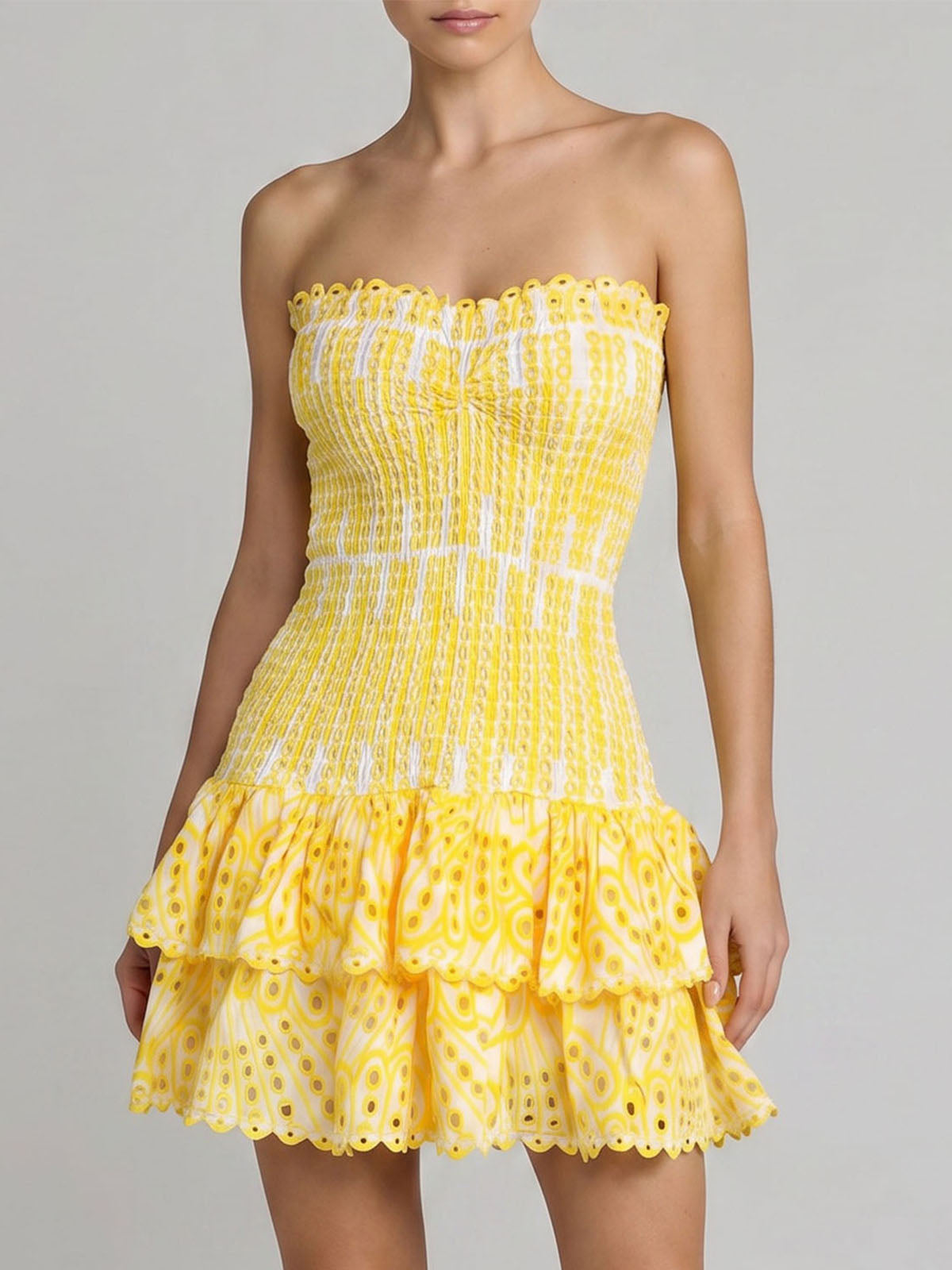 Flowy Scalloped Strapless Tiered Eyelet Smocked Mini Dress - Yellow