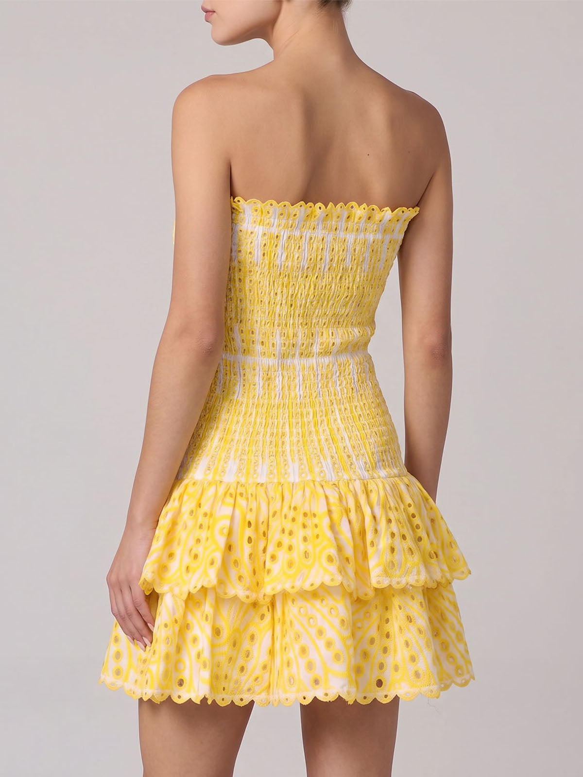 Flowy Scalloped Strapless Tiered Eyelet Smocked Mini Dress - Yellow