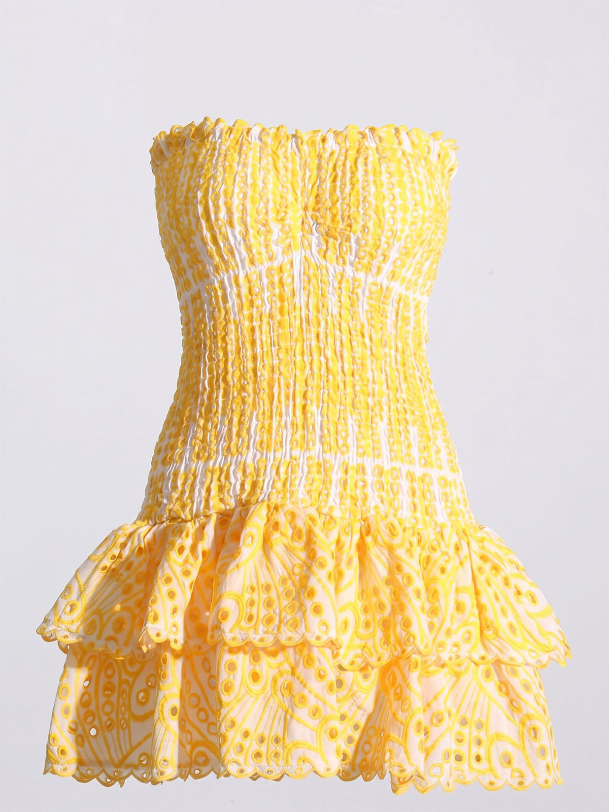 Flowy Scalloped Strapless Tiered Eyelet Smocked Mini Dress - Yellow