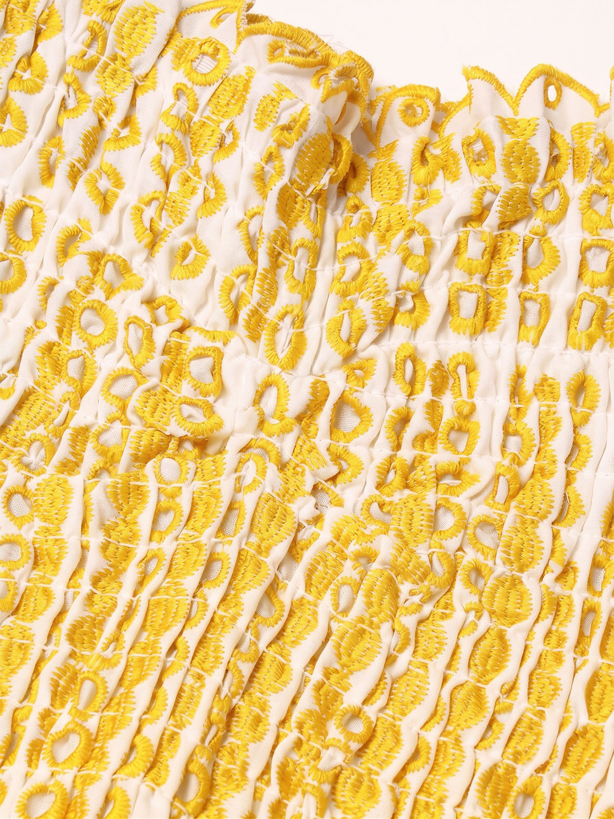 Flowy Scalloped Strapless Tiered Eyelet Smocked Mini Dress - Yellow