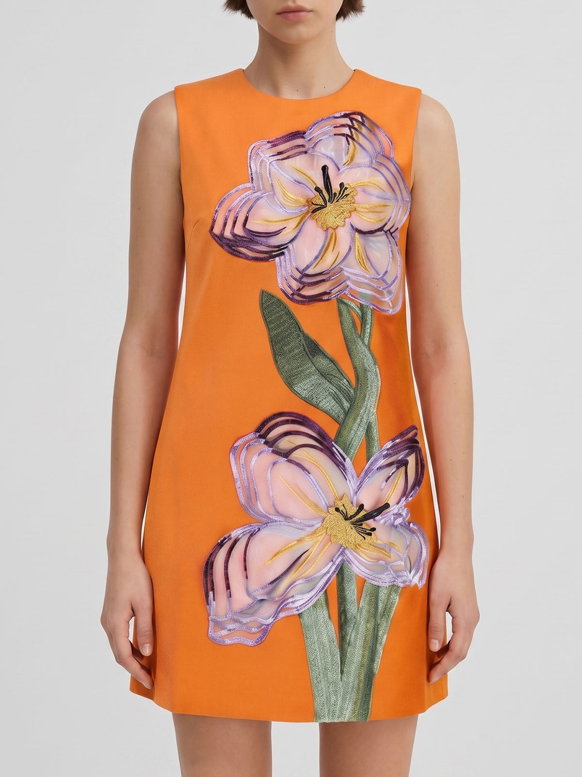 Vibrant 3D Flower Applique Crepe A Line Sleeveless Mini Dress - Orange