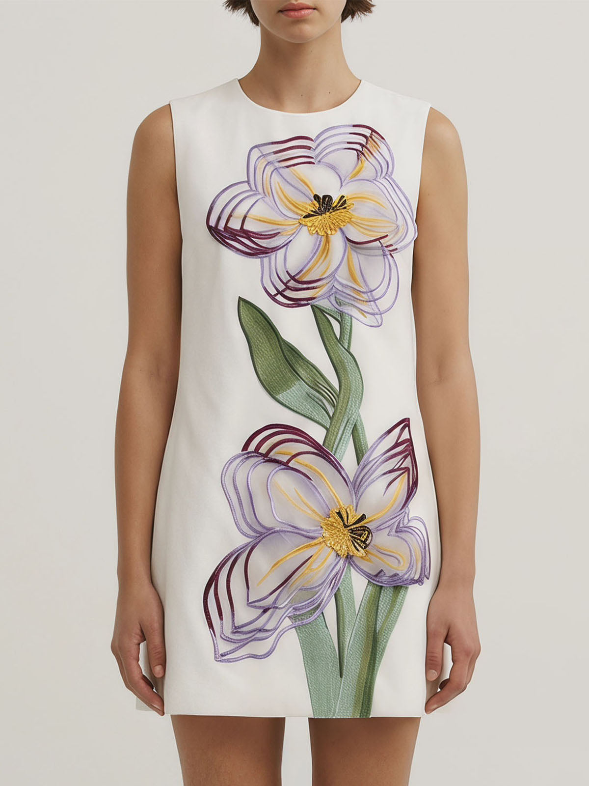 Vibrant 3D Flower Applique Crepe A Line Sleeveless Mini Dress - White