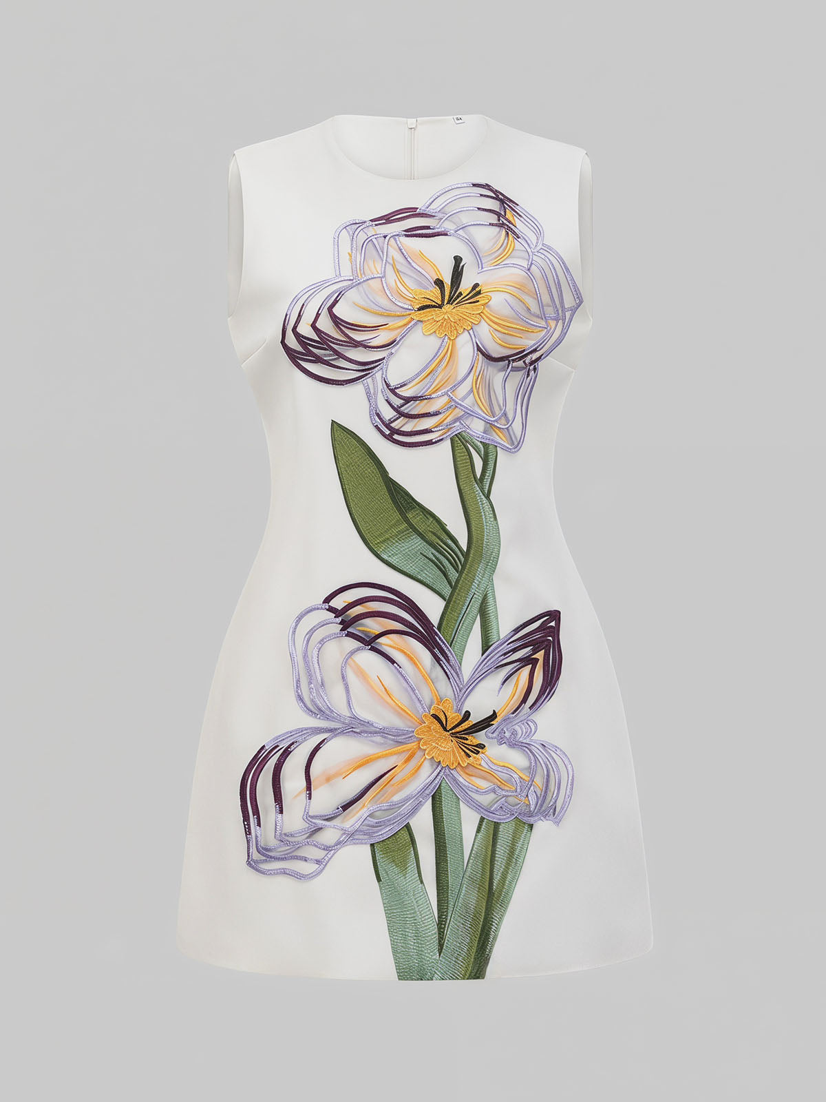 Vibrant 3D Flower Applique Crepe A Line Sleeveless Mini Dress - White