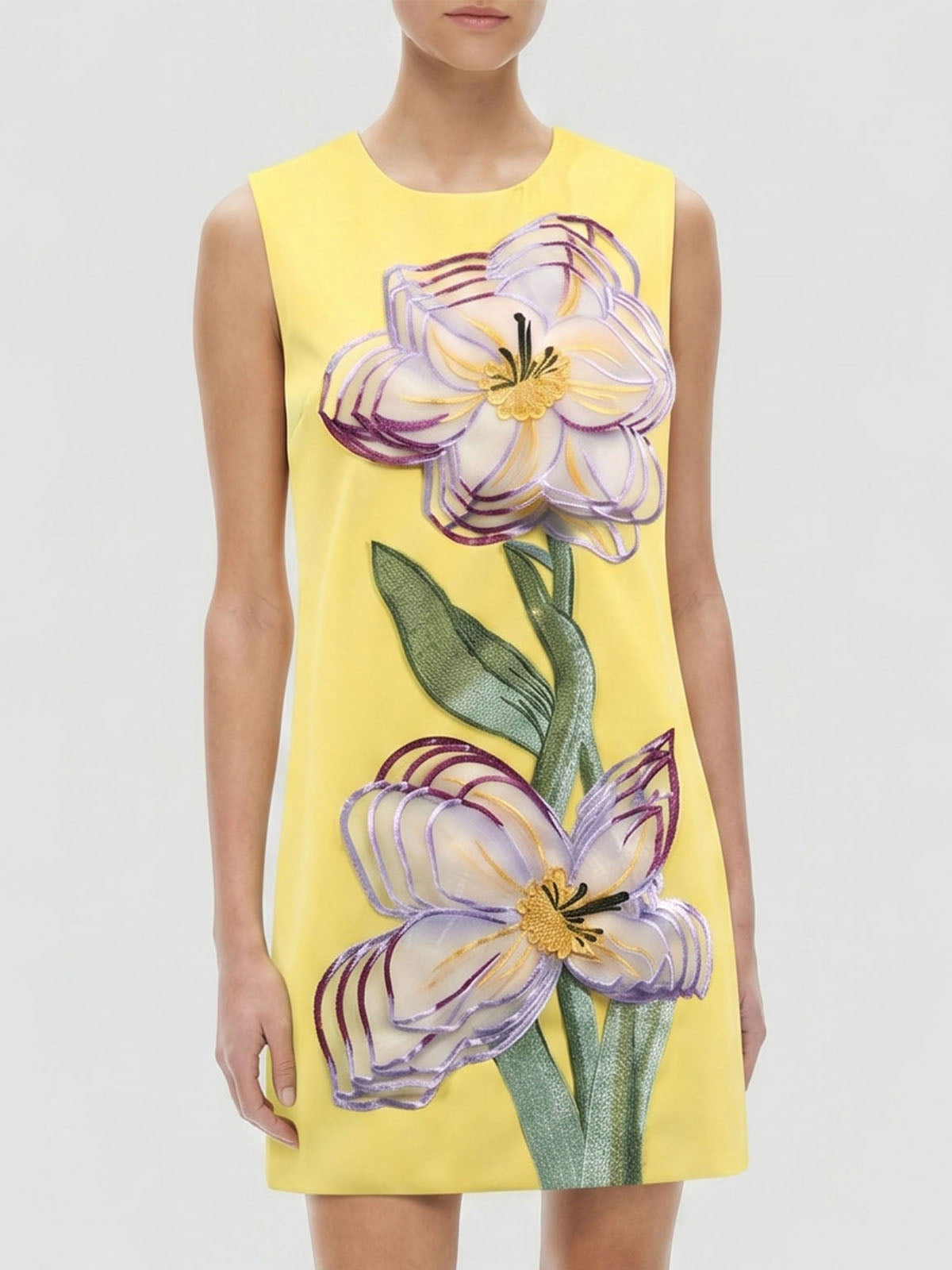 Vibrant 3D Flower Applique Crepe A Line Sleeveless Mini Dress - Yellow