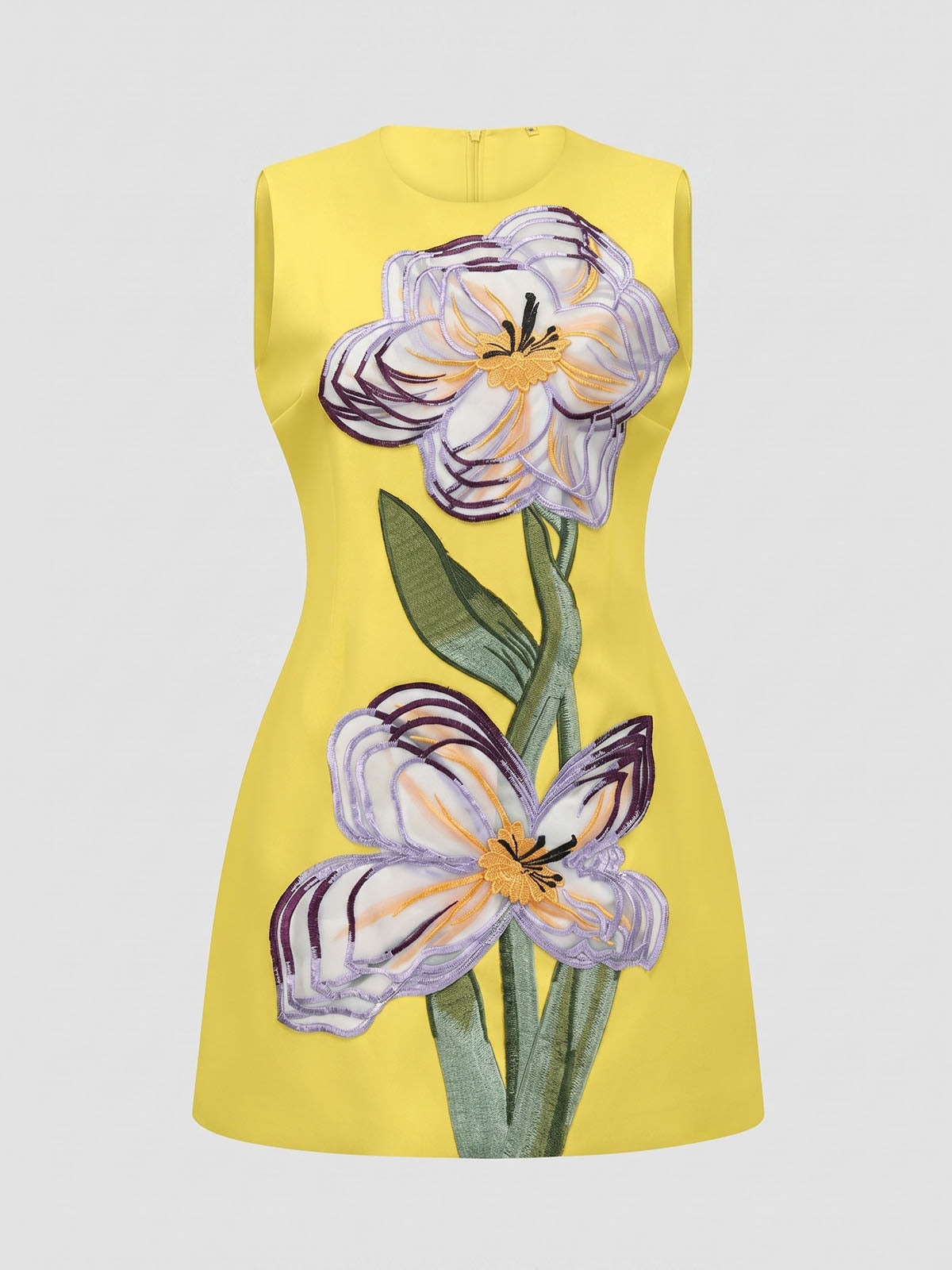 Vibrant 3D Flower Applique Crepe A Line Sleeveless Mini Dress - Yellow