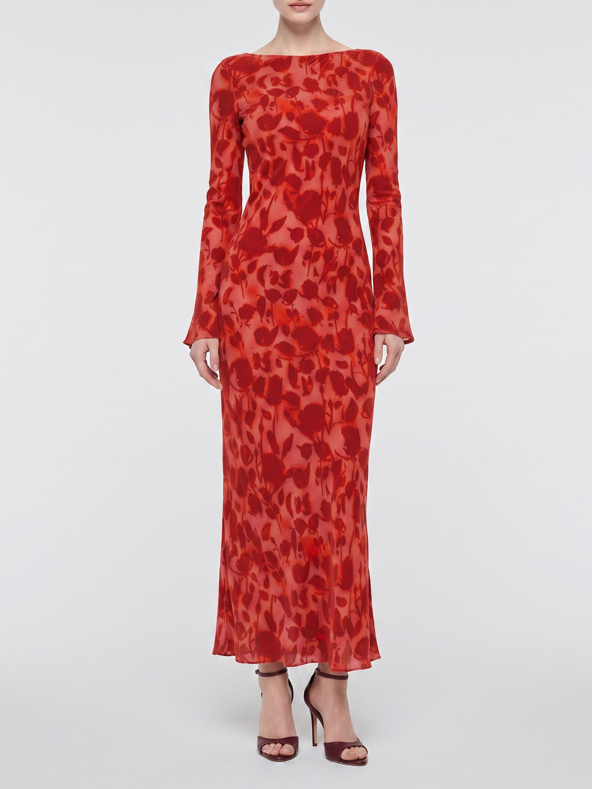 Vintage Floral Boat Neck Bell Sleeve Bias Silk Crepe Maxi Dress - Red