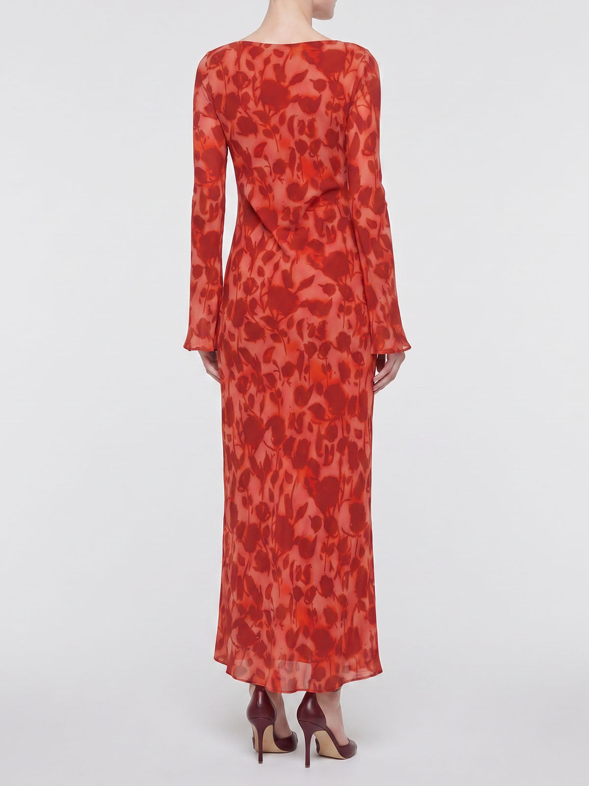 Vintage Floral Boat Neck Bell Sleeve Bias Silk Crepe Maxi Dress - Red