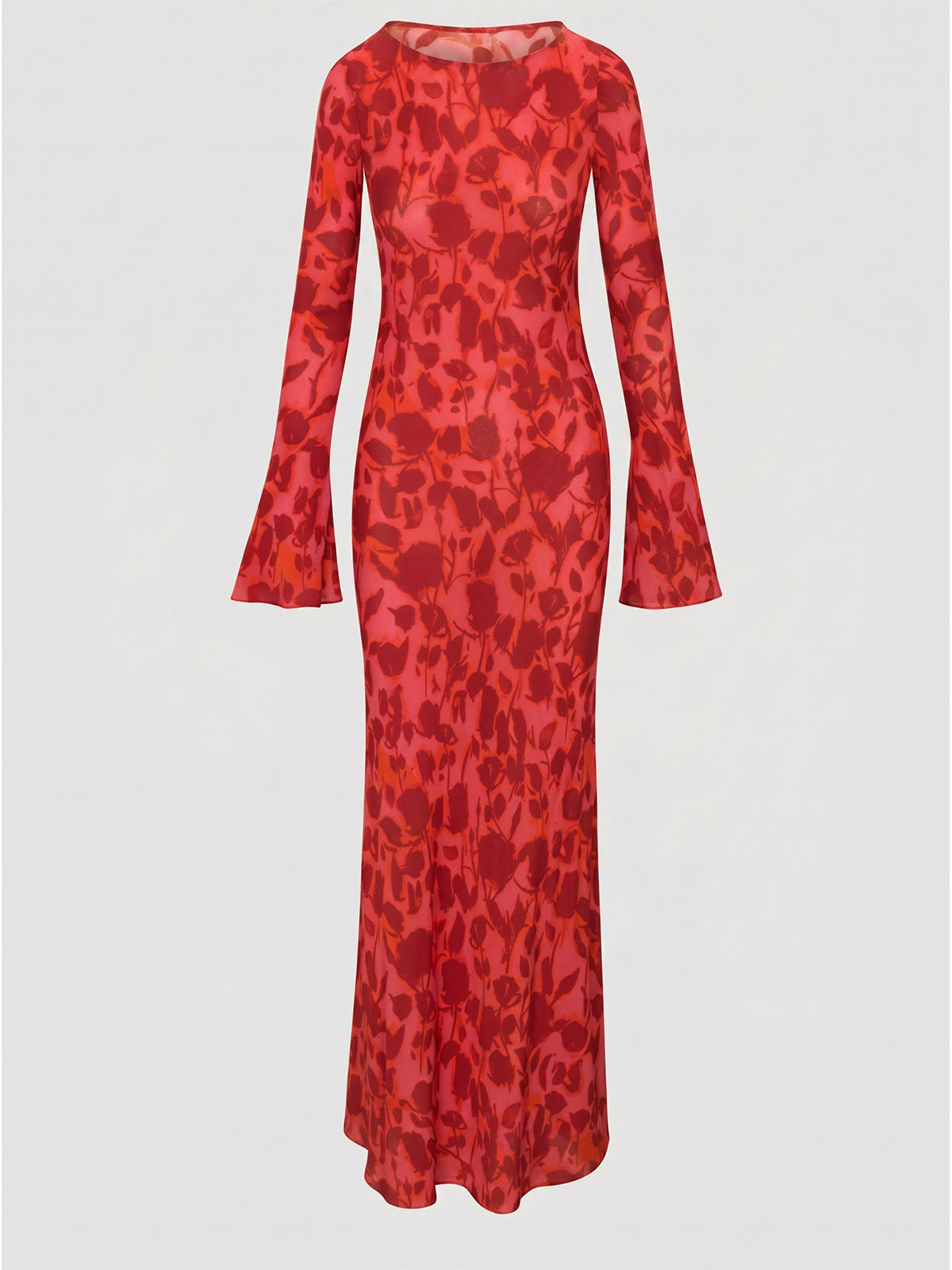 Vintage Floral Boat Neck Bell Sleeve Bias Silk Crepe Maxi Dress - Red