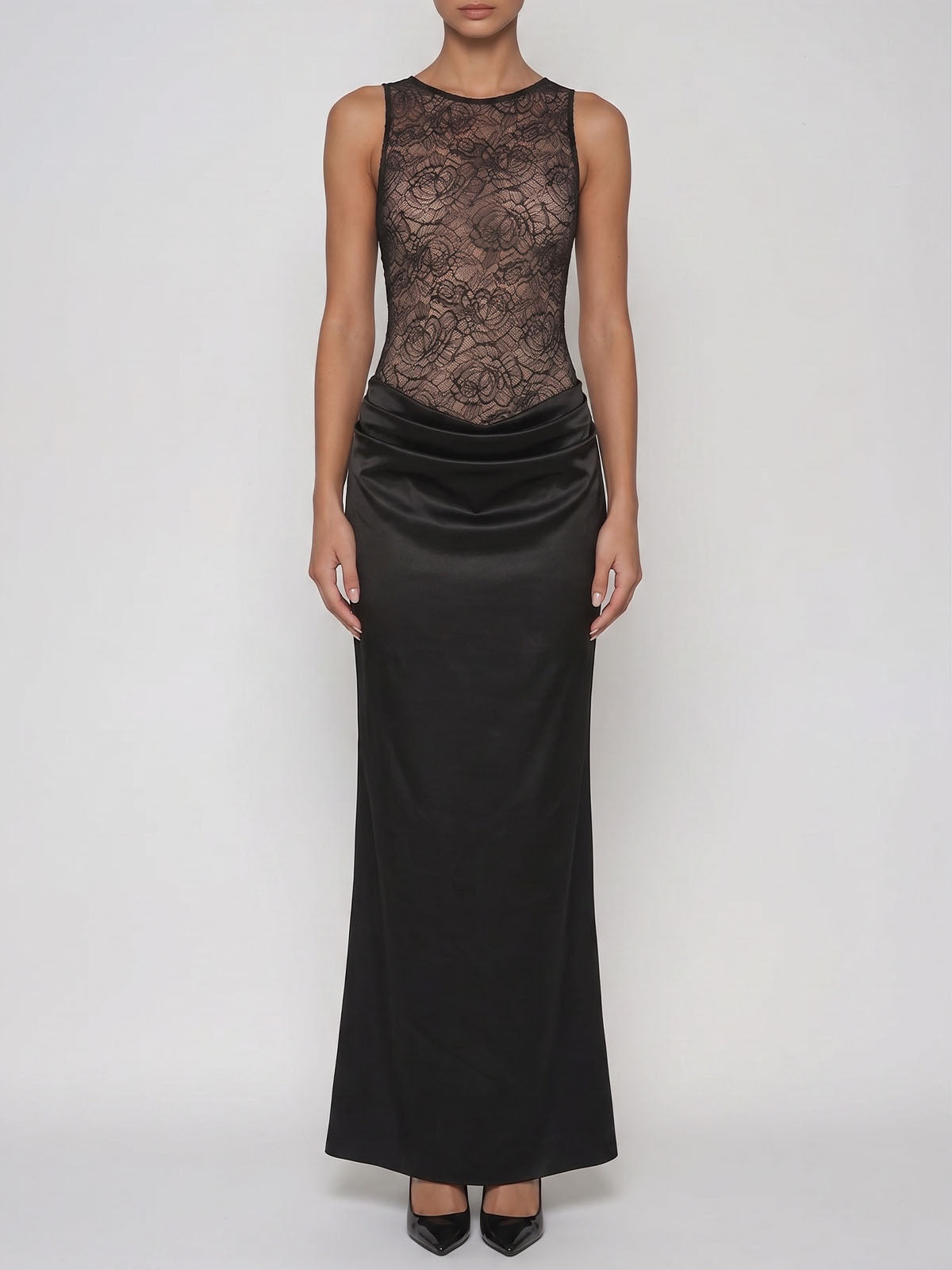 Vintage Floral Lace Satin Sleeveless Fishtail Formal Maxi Dress - Black