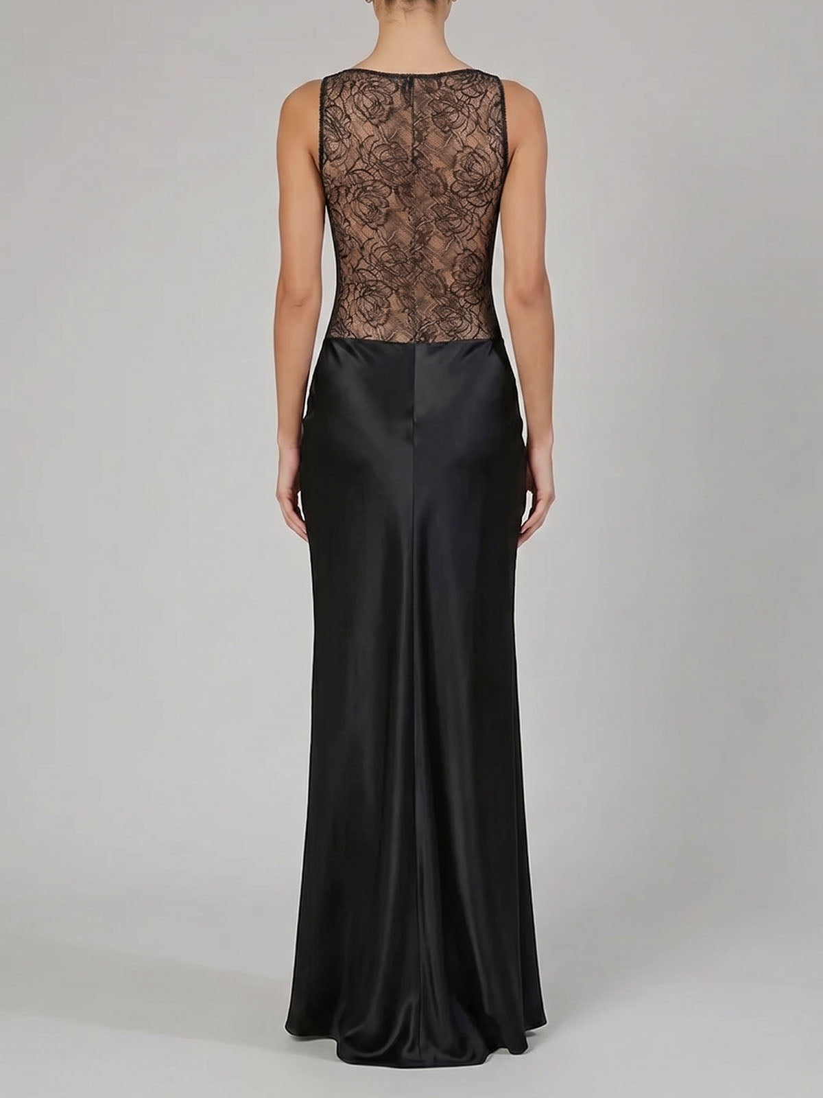 Vintage Floral Lace Satin Sleeveless Fishtail Formal Maxi Dress - Black