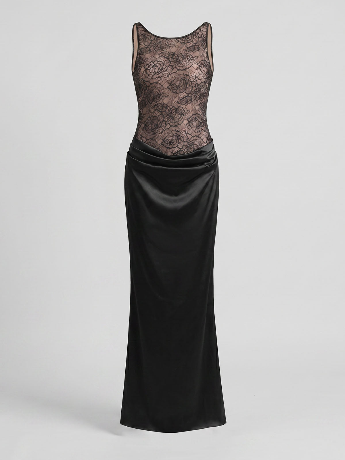 Vintage Floral Lace Satin Sleeveless Fishtail Formal Maxi Dress - Black