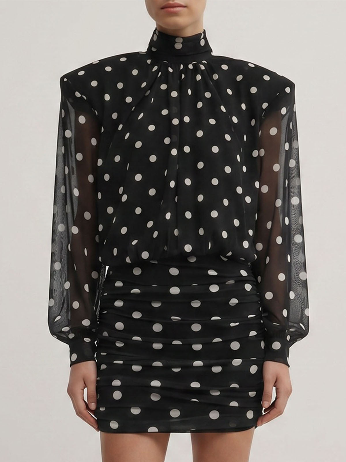 Vintage High Neck Cutout Back Ruched Polka Dot Mini Dress - Black