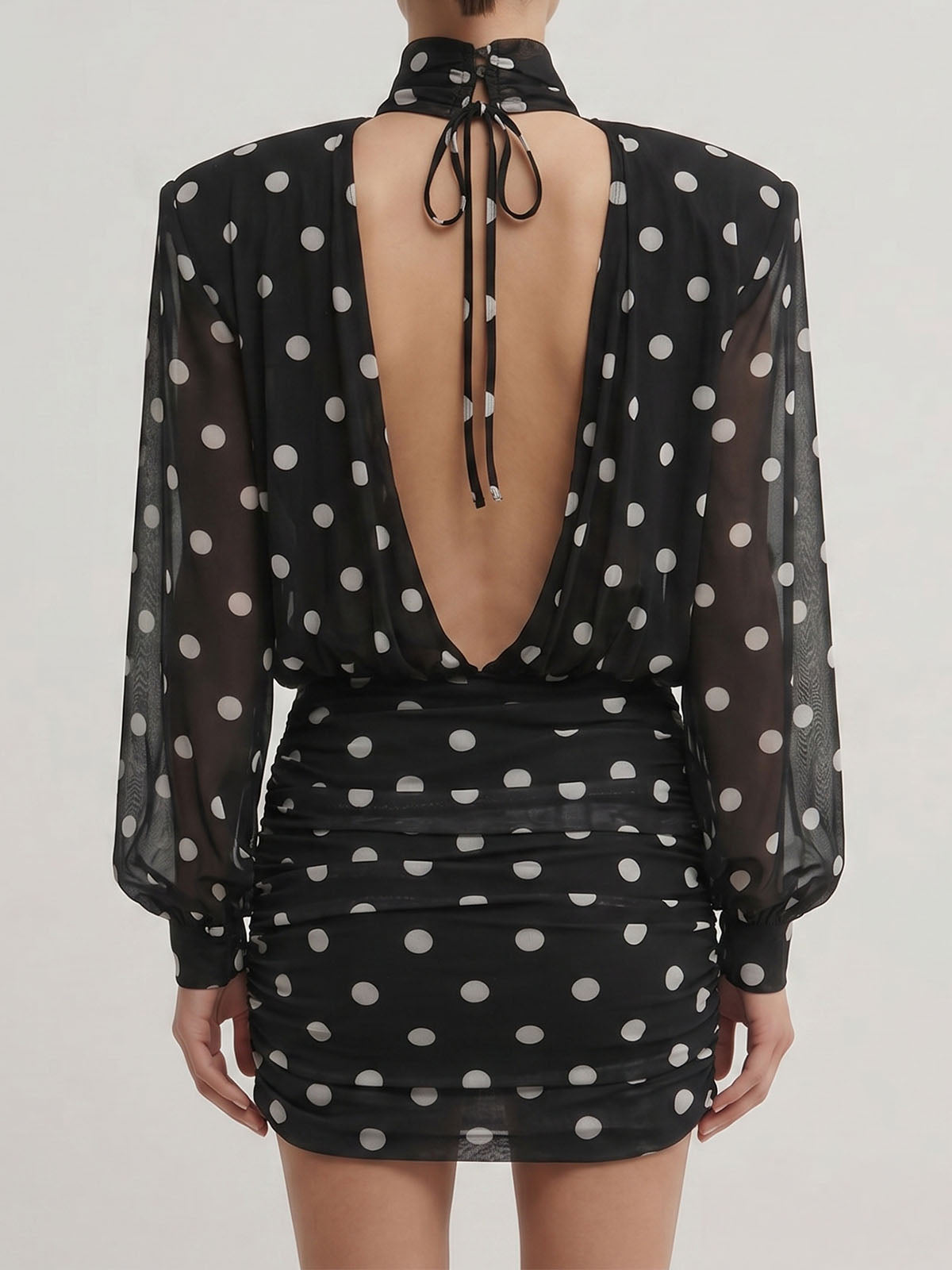 Vintage High Neck Cutout Back Ruched Polka Dot Mini Dress - Black