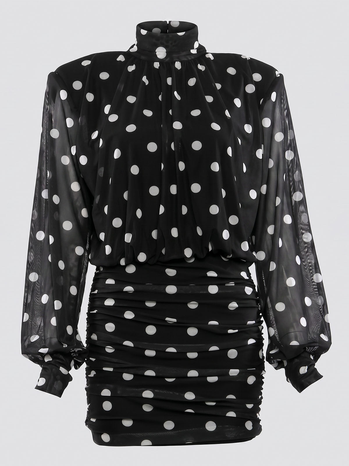 Vintage High Neck Cutout Back Ruched Polka Dot Mini Dress - Black