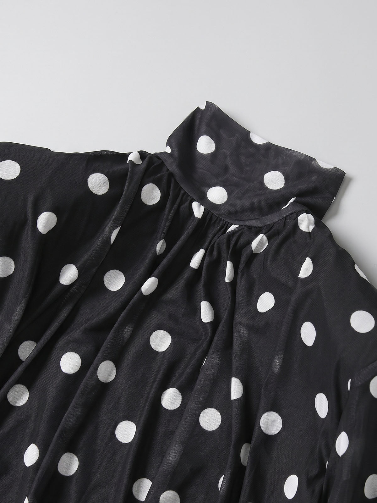 Vintage High Neck Cutout Back Ruched Polka Dot Mini Dress - Black